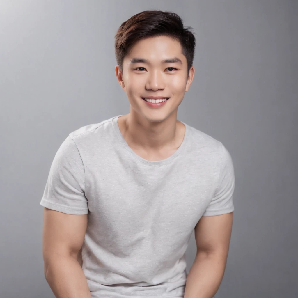 (photo: 1.3) af (realistic: 1.3), East Asian man, soft light, clear face, ((white T-shirt)), cheerful, warm light, ((gray-white gradient background)), smile, (background)). ((gray wall background)) avatar, (short hair), handsome, young,, short hair, ((macro photography))