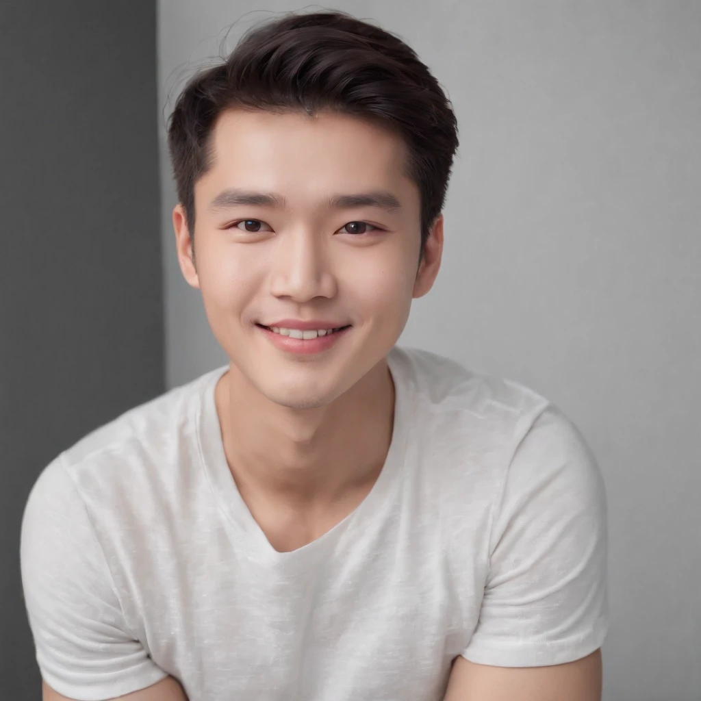 (photo: 1.3) af (realistic: 1.3), East Asian man, soft light, clear face, ((white T-shirt)), cheerful, warm light, ((gray-white gradient background)), smile, (background)). ((gray wall background)) avatar, (short hair), handsome, young,, short hair, ((macro photography))