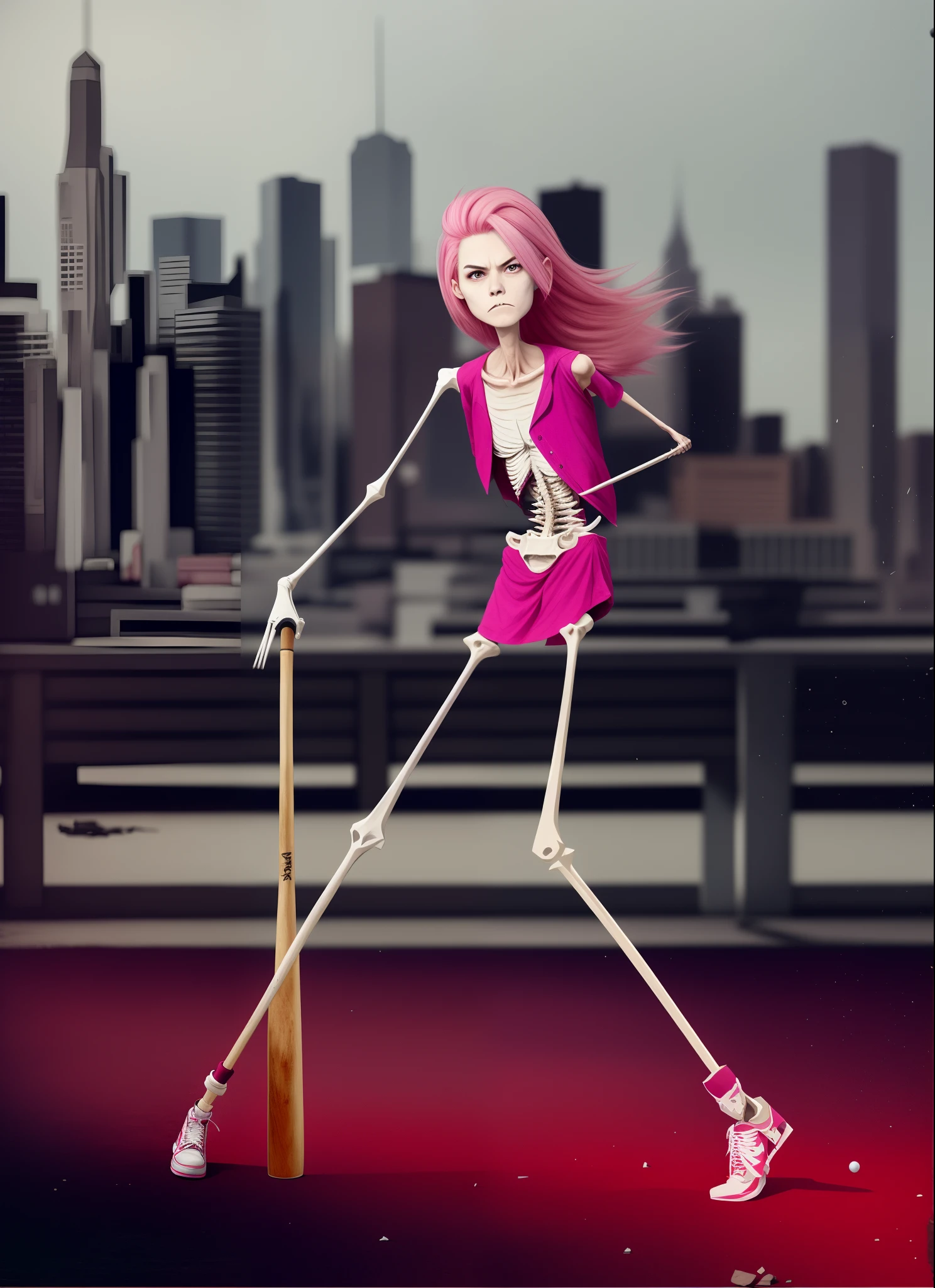 A thin woman with pink hair and a baseball bat, Scrawny body and hungry stomach,Very slim waist and legs,Angry expressions,Clearly visible skeleton
