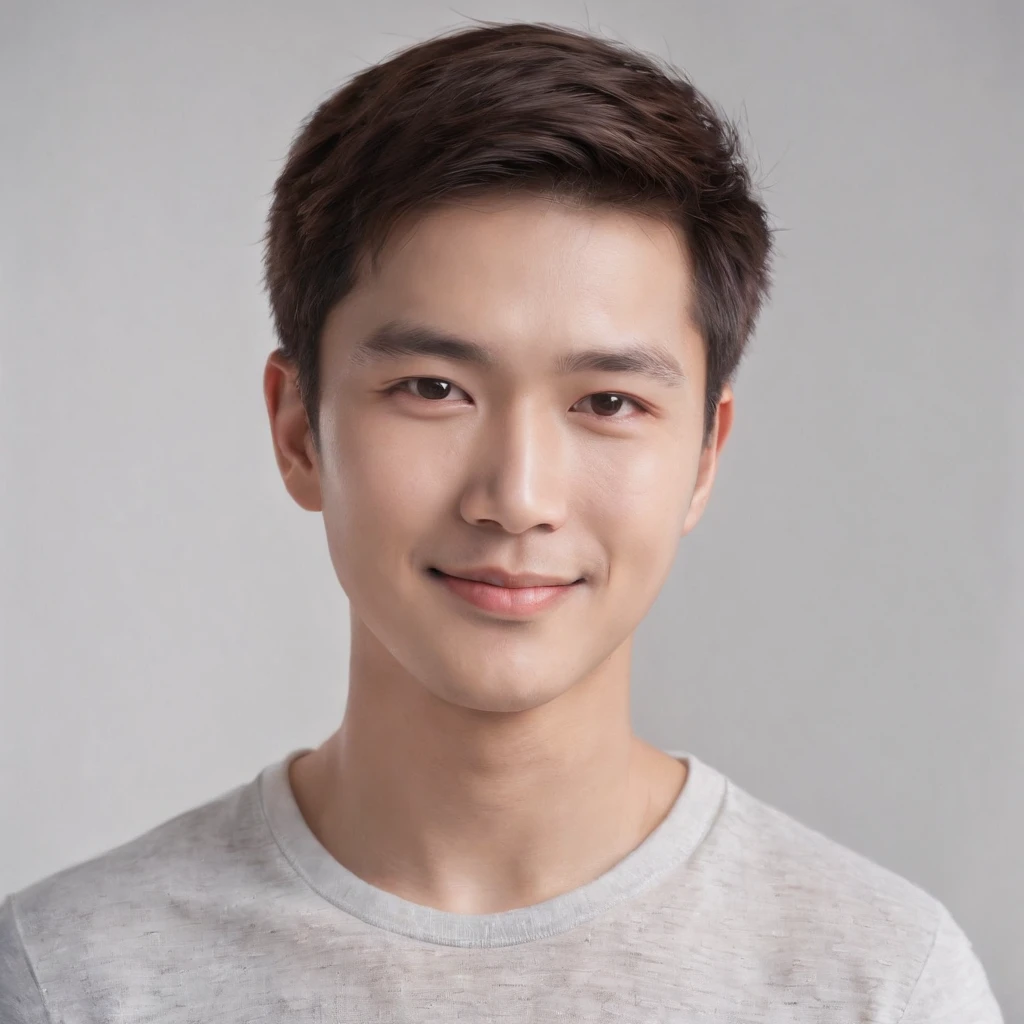 (photo: 1.3) af (realistic: 1.3), East Asian man, soft light, clear face, ((white T-shirt)), cheerful, warm light, ((gray-white gradient background)), smile, (background)). ((gray wall background)) avatar, (short hair), handsome, young,, short hair, ((close-up))