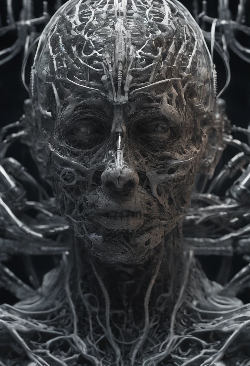 nousr robot, complex 3d render ultra detailed of a beautiful death angel, biomechanical cyborg, analog, 150 mm lens, beautiful natural soft rim light, big leaves and stems, roots, fine foliage lace, colorful details, samourai, Boris Bidjan Saberi outfit, pearl earring, piercing, art nouveau fashion embroidered, intricate details, mesh wire, mandelbrot fractal, anatomical, facial muscles, cable wires, microchip, badass, hyper realistic, ultra detailed, octane render,  volumetric lighting, 8k post-production, red and white with a bit of black, detailled metalic bones, semi human, iridescent colors, Glenn Brown style, white room, power of the god, high-angle shot, complex body poses