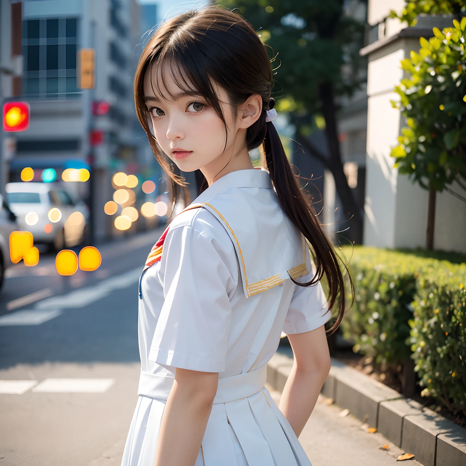 (masutepiece, Best Quality:1.2), 8K, Official art, Raw photo, Full Body Svir Four、cute butt、Back angle、On the way to take off the uniform、turned around、skinny、14years、small tits、unbelievable Ridiculous, (Upper body, 校服、a sailor suit:1.4), Beautiful Girl, Pretty Face, arching back down,、Gold hair ornament on hair、close up, Sailor suit, Short sleeve, violaceaess, Teen, Street, Looking at Viewer, Film grain, chromatic abberation, Sharp Focus, face lights, Dynamic lighting, Cinematic lighting, Eyes and faces with detailed, Bokeh background,