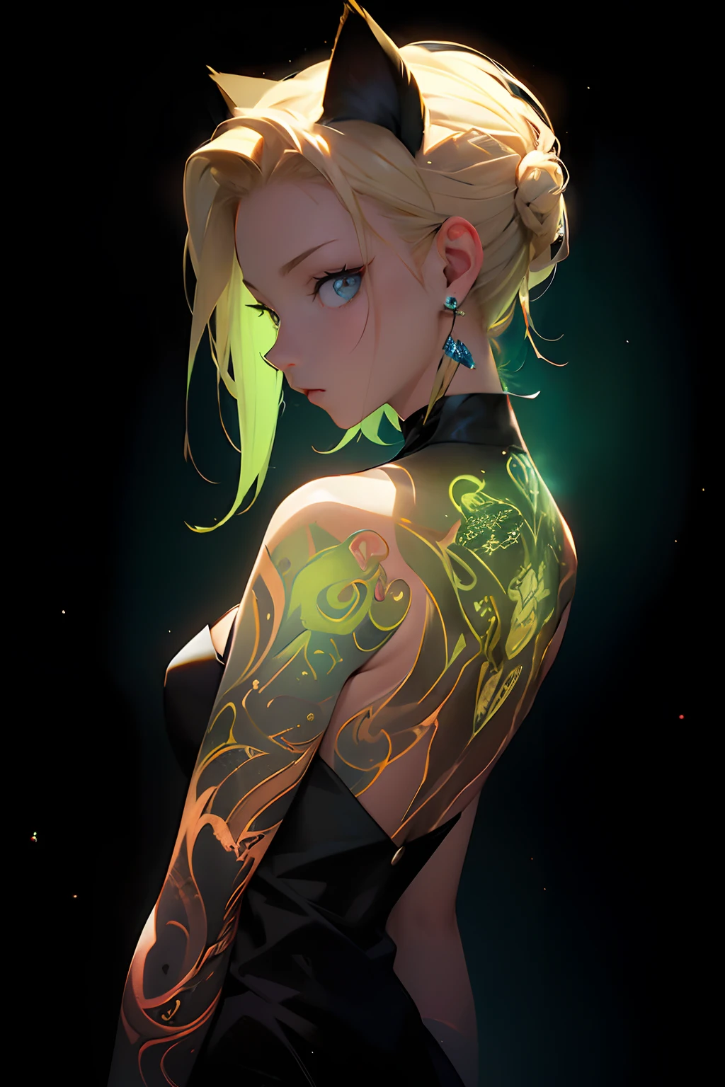 a blond、verd s eyes、Cat's ears、Glowing cat tattoo、girl with、masterpiece、Daisaku、32K 、hight resolution