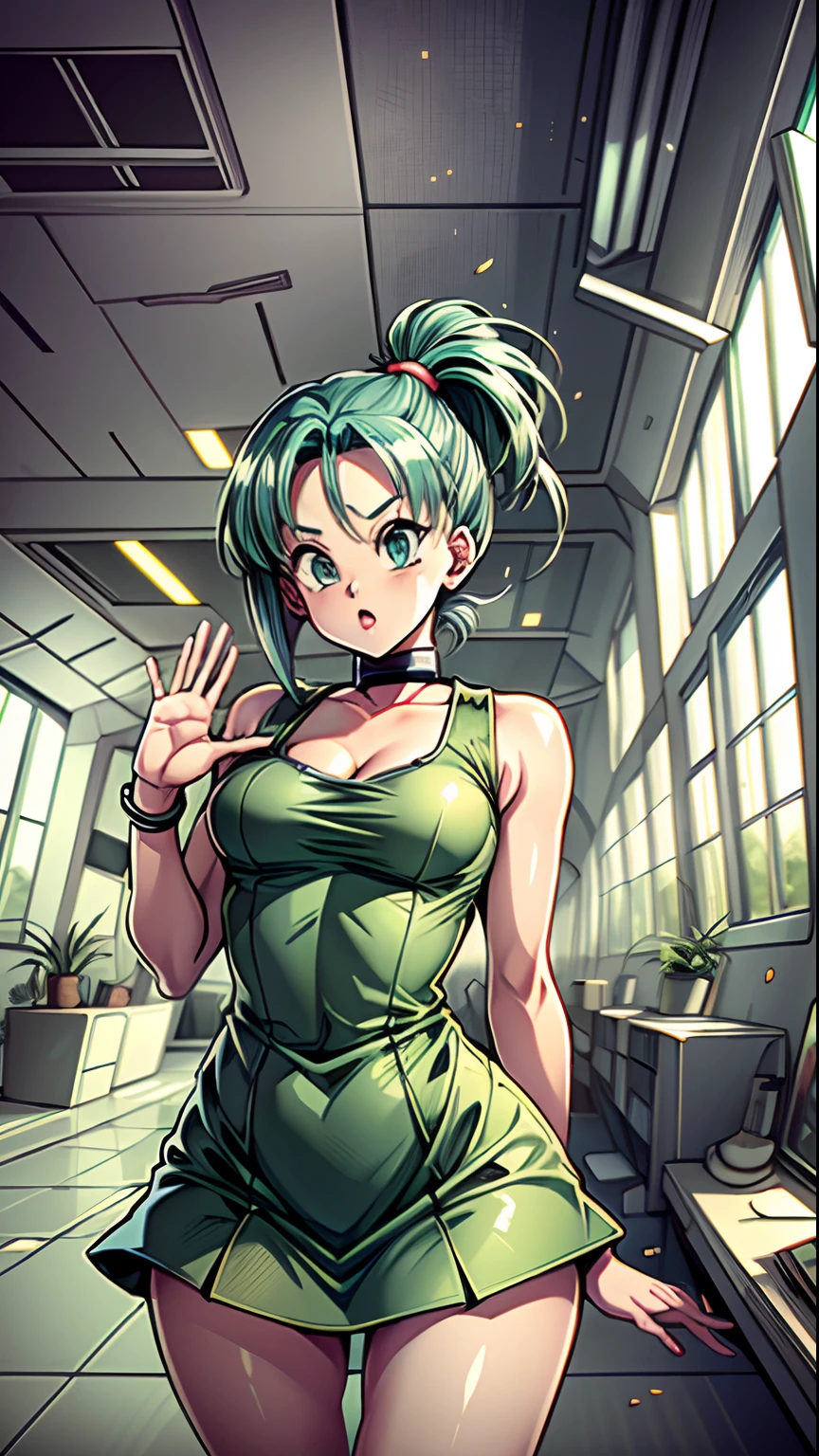 high res, cartoon, bulma, dbz, inside futuristic building,. no windows., green hared dress, waving,