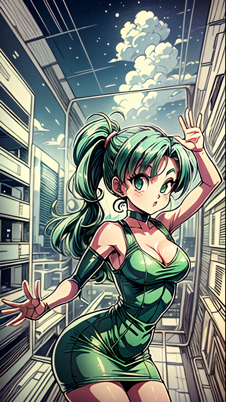 high res, cartoon, bulma, dbz, inside futuristic building,. no windows., green hared dress, waving,