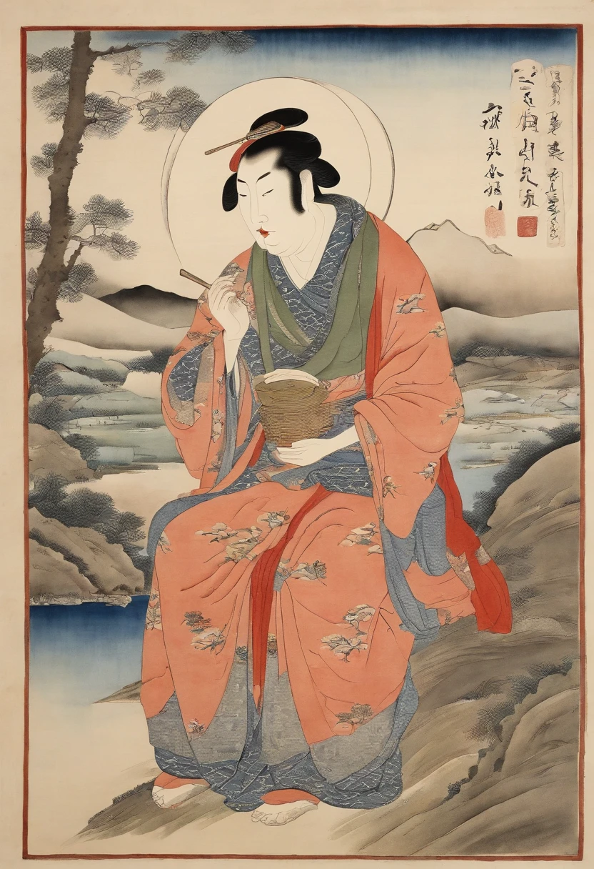 Best quality, Kitagawa Utaro's style, ukiyoe painting, Man who drinks