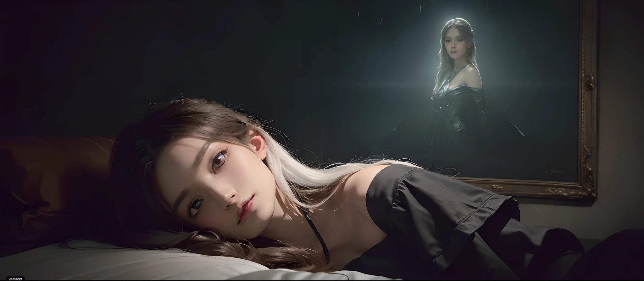 (in the dark:1.6), Hyperrealist portrait of female by david hockney and alphonse mucha,fantasy art, photo realistic, dynamic lighting, artstation, poster, volumetric lighting, very detailed faces, 4 k, award winning,, 1girl, in the dark, deep shadow, low key,cowboy shot,(official clothing:1.4) ,long hair,white hair,