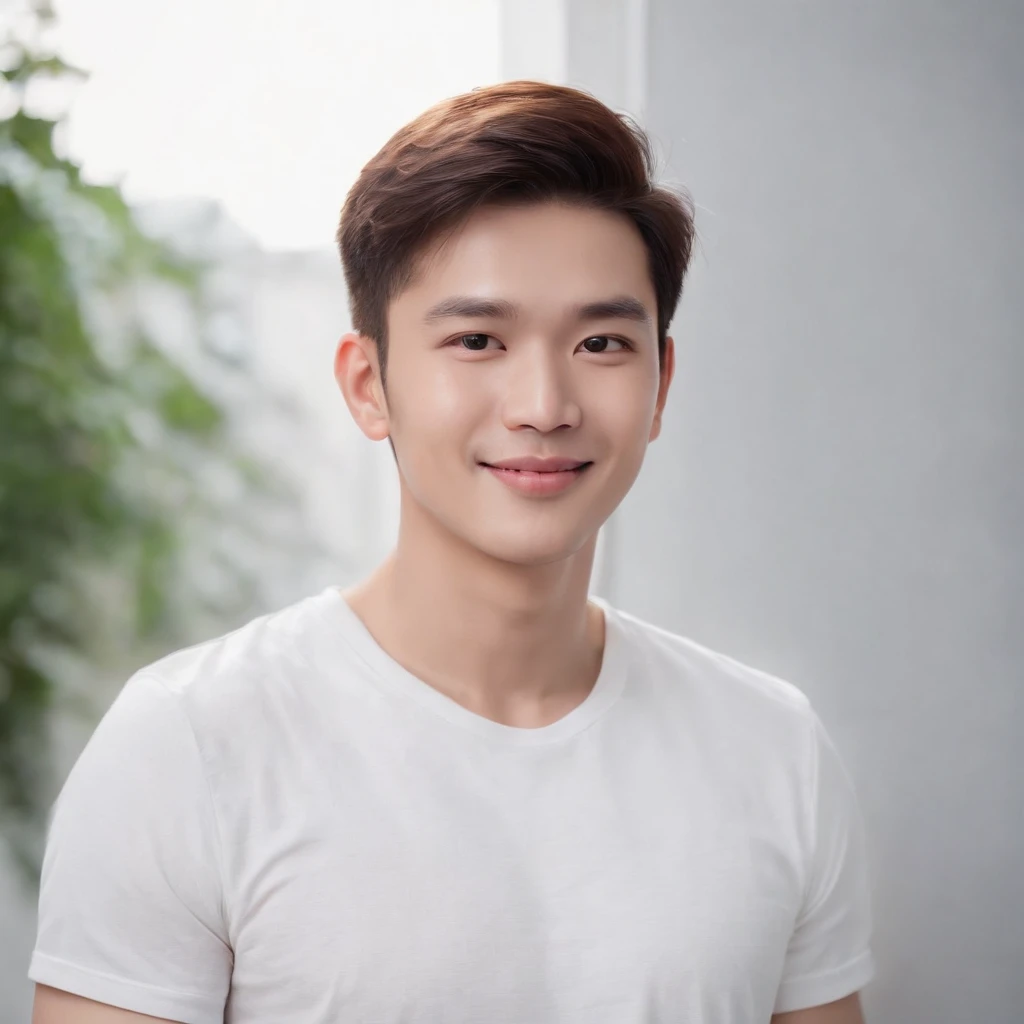 (Photo: 1.3) af (realistic: 1.3), East Asian man, soft light, clear face, front, ((white T-shirt)), cheerful, warm light, ((gray-white gradient background)), smile, (background)) . ((gray wall background)) avatar, (short hair), handsome, young,, short hair, ((close-up))