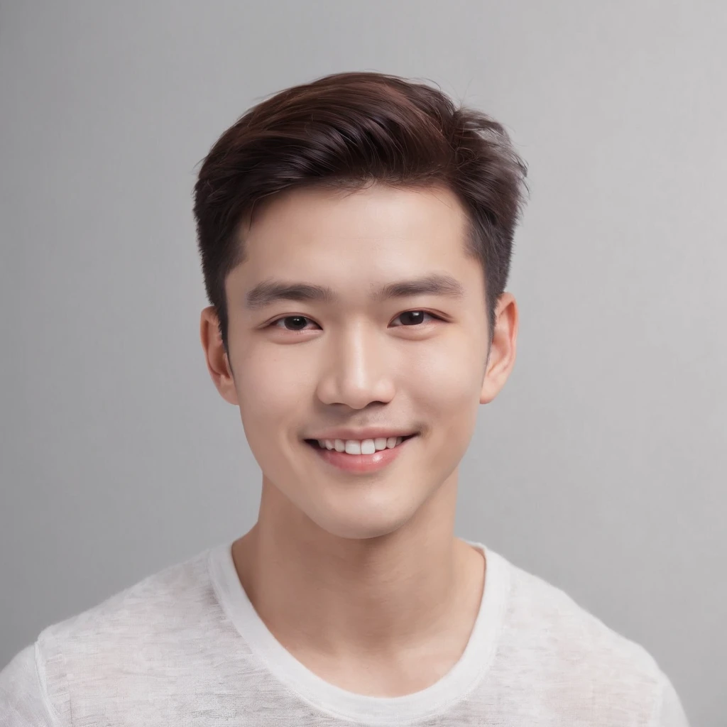 (Photo: 1.3) af (realistic: 1.3), East Asian man, soft light, clear face, front, ((white T-shirt)), cheerful, warm light, ((gray-white gradient background)), smile, (background)) . ((gray wall background)) avatar, (short hair), handsome, young,, short hair, ((close-up))