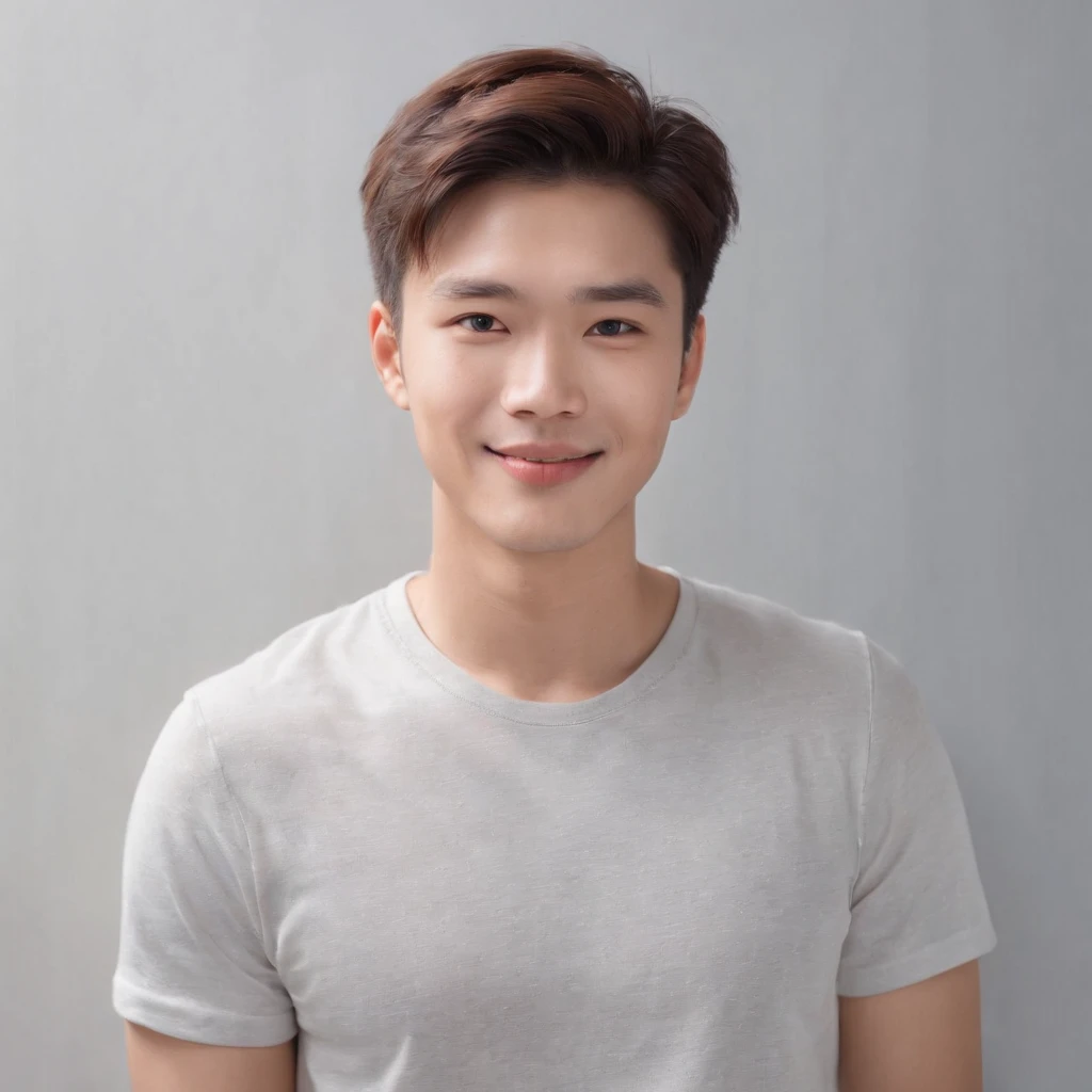 (photo: 1.3) af (realistic: 1.3), East Asian man, soft light, clear face, ((white T-shirt)), cheerful, warm light, ((gray-white gradient background)), smile, (background)). ((gray wall background)) avatar, (short hair), handsome, young,, short hair, ((upper body))