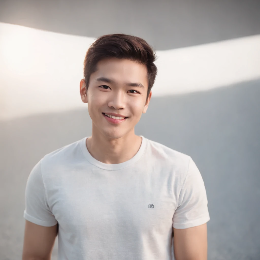 (photo: 1.3) af (realistic: 1.3), East Asian man, soft light, clear face, ((white T-shirt)), cheerful, warm light, ((gray-white gradient background)), smile, (background)). ((gray wall background)) avatar, (short hair), handsome, young,, short hair, ((upper body))