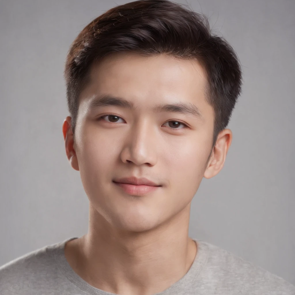 (photo: 1.3) af (realistic: 1.3), East Asian man, soft light, clear face, cheerful, warm light, ((gray-white gradient background)), (background)). ((gray wall background)) avatar, (short hair), handsome, young,, short hair, ((close-up))