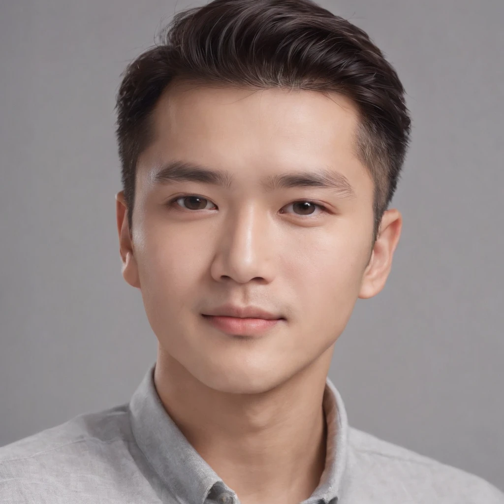 (photo: 1.3) af (realistic: 1.3), East Asian man, soft light, clear face, cheerful, warm light, ((gray-white gradient background)), (background)). ((gray wall background)) avatar, (short hair), handsome, young,, short hair, ((close-up))