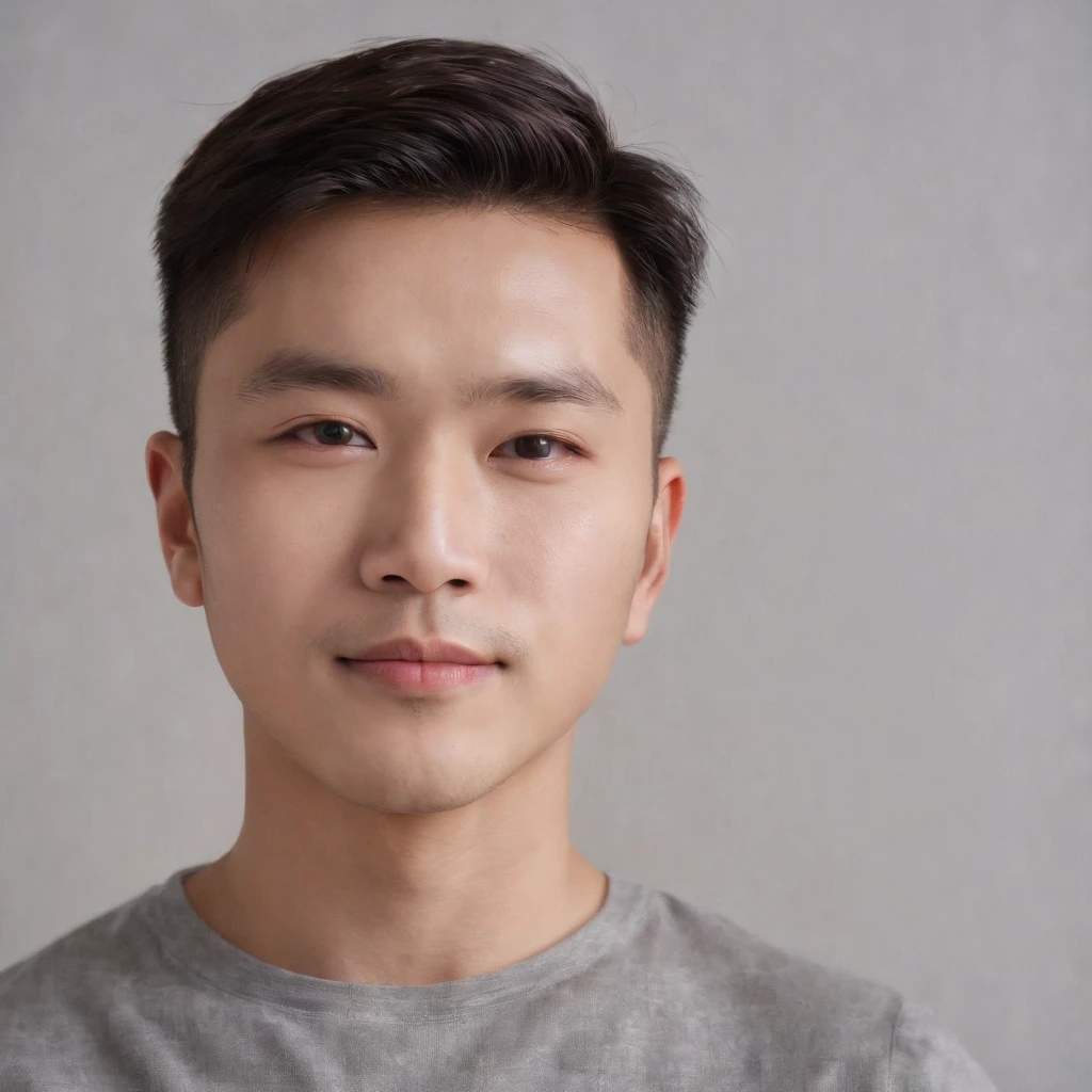 (photo: 1.3) af (realistic: 1.3), East Asian man, soft light, clear face, cheerful, warm light, ((gray-white gradient background)), (background)). ((gray wall background)) avatar, (short hair), handsome, young,, short hair, ((close-up))
