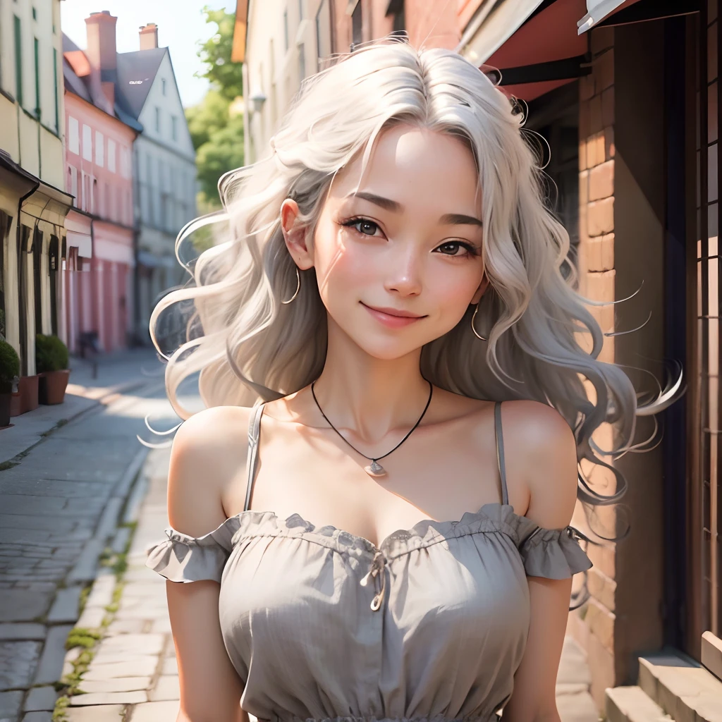masutepiece, Best Quality,Gentle smile,Bright woman, Wavy gray hair, Ruffled top, doress,necklace on neck, body, Background with Old townscape