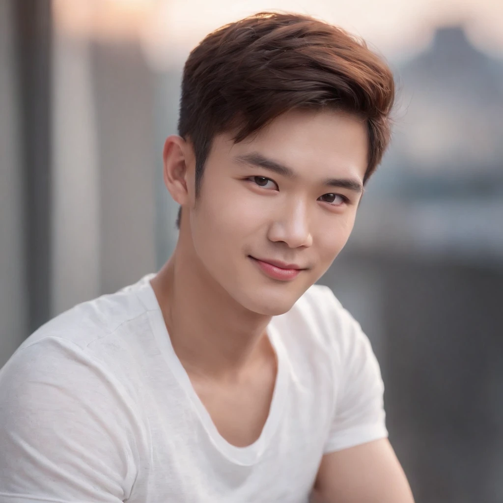 (photo: 1.3) af (realistic: 1.3), East Asian man, soft light, clear face, ((white T-shirt)), cheerful, warm light, ((gray-white gradient background)), smile, (background)). ((gray wall background)) avatar, (short hair), handsome, young,, short hair, ((macro photography))