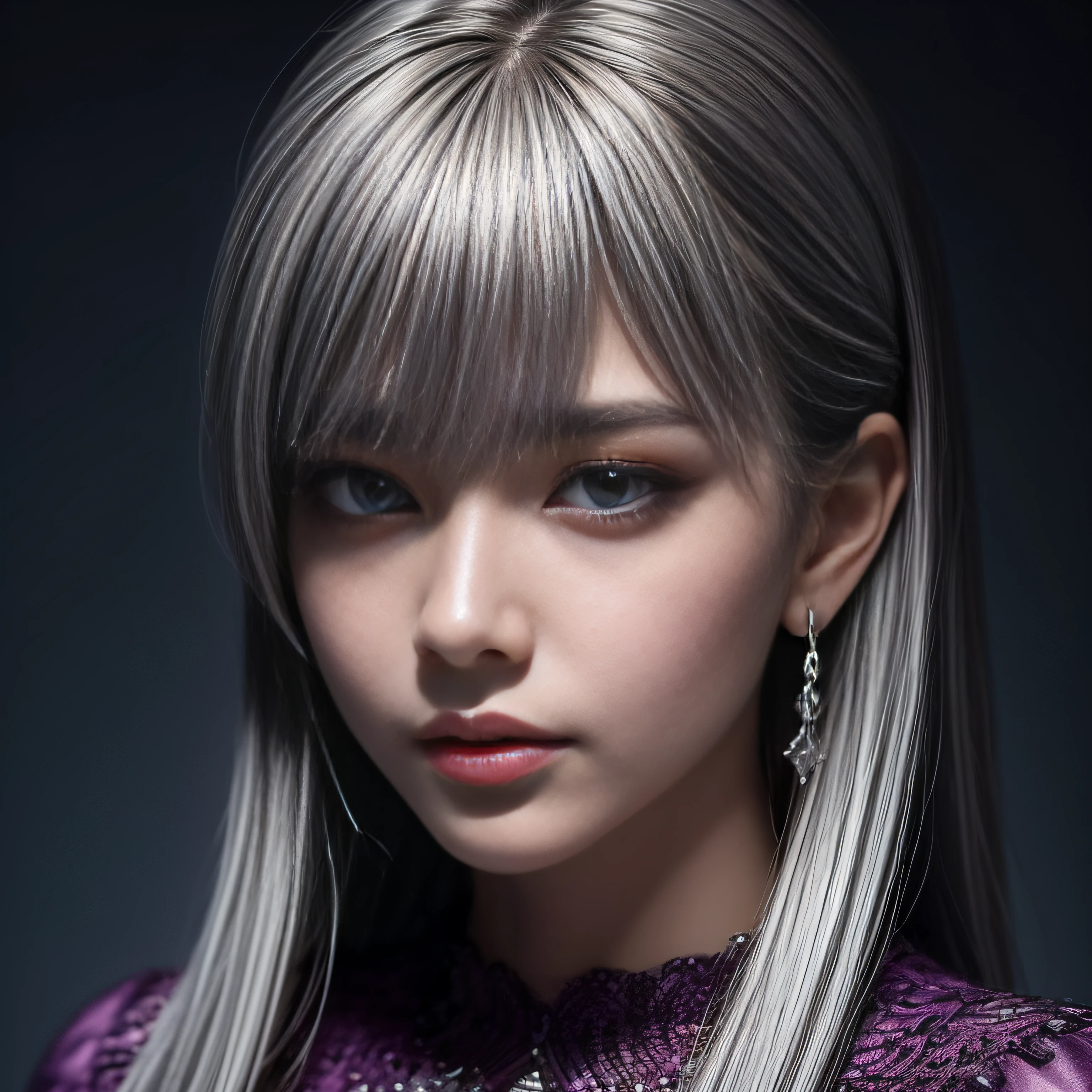 (best quality, masterpiece), 1girl, beautiful girl, brown_eyes, ((hair color [Silver hair], [bangs] hair)), earrings, lips, short sleeves,realistic, ((narrow waist)), charming, colorful makeup, long eyelashes, fair skin, (cute), (detailed face), detailed eyes, detailed iris,