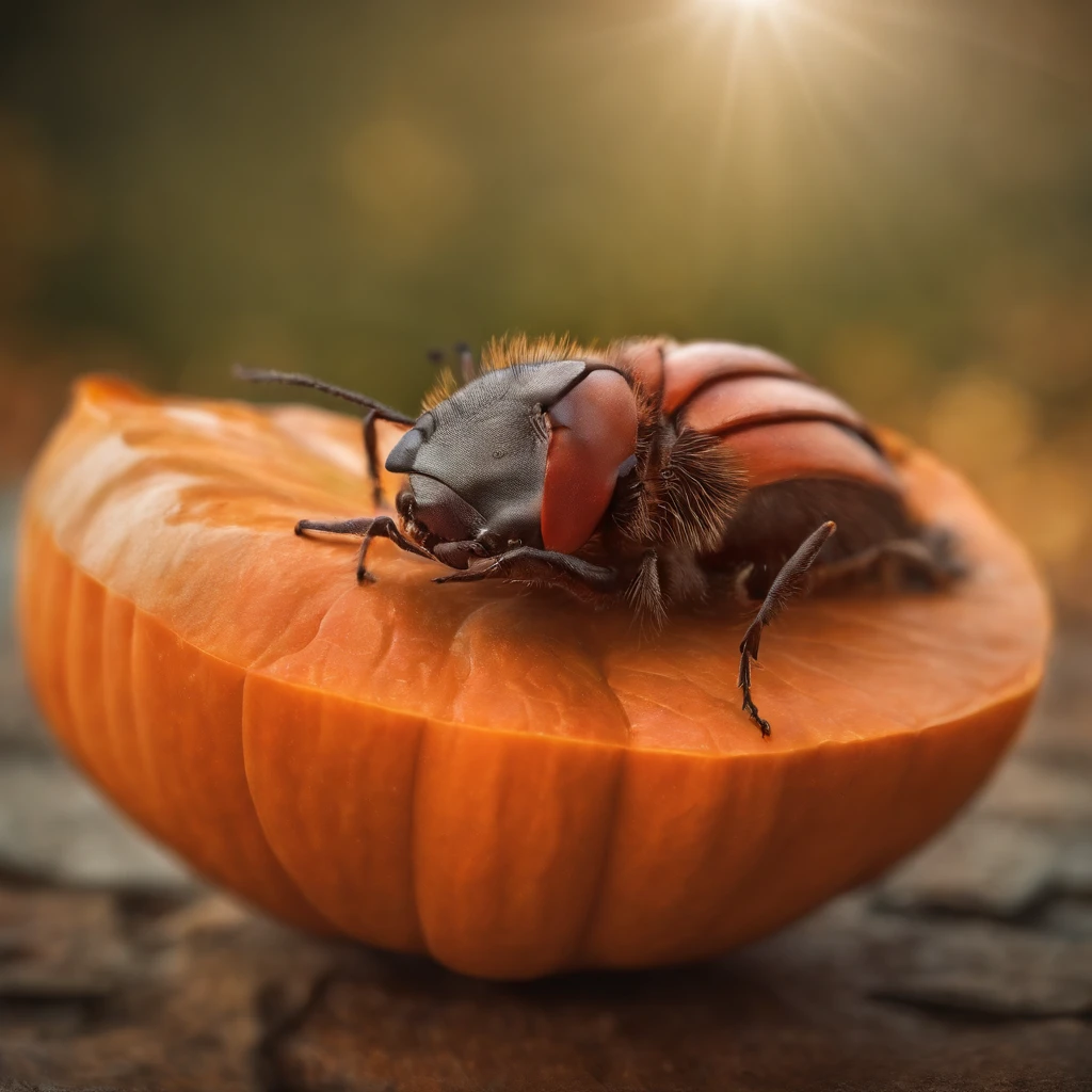 An ant lying on a Halloween pumpkin,in a panoramic view,(tmasterpiece,best qualityer:1.2),very delicate beautiful,the best lights,The best shadow,depicted as a 3 d render, stylized as a 3d render, stylized 3d render,Beautiful scenery, Autumn, Red maples fly, Long lens tracking photography