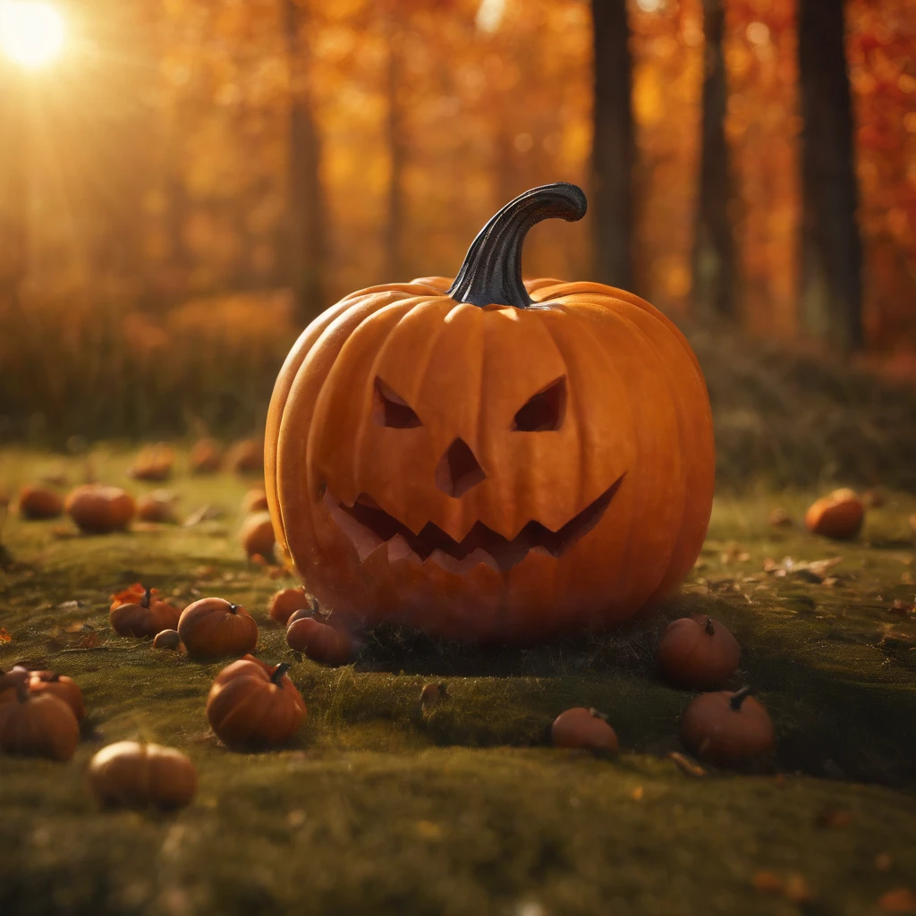 An ant lying on a Halloween pumpkin，in a panoramic view，（tmasterpiece，best qualityer：1.2），very delicate beautiful，the best lights，The best shadow，depicted as a 3 d render, stylized as a 3d render, stylized 3d render，Beautiful scenery, Autumn, Red maples fly, Long lens tracking photography