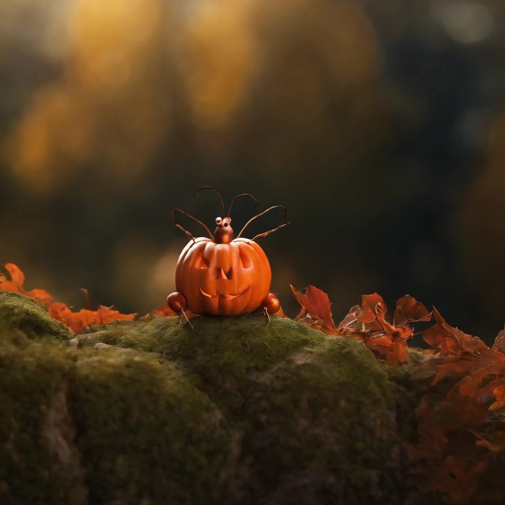 An ant lying on a Halloween pumpkin,in a panoramic view,(tmasterpiece,best qualityer:1.2),very delicate beautiful,the best lights,The best shadow,depicted as a 3 d render, stylized as a 3d render, stylized 3d render,Beautiful scenery, Autumn, Red maples fly, Long lens tracking photography