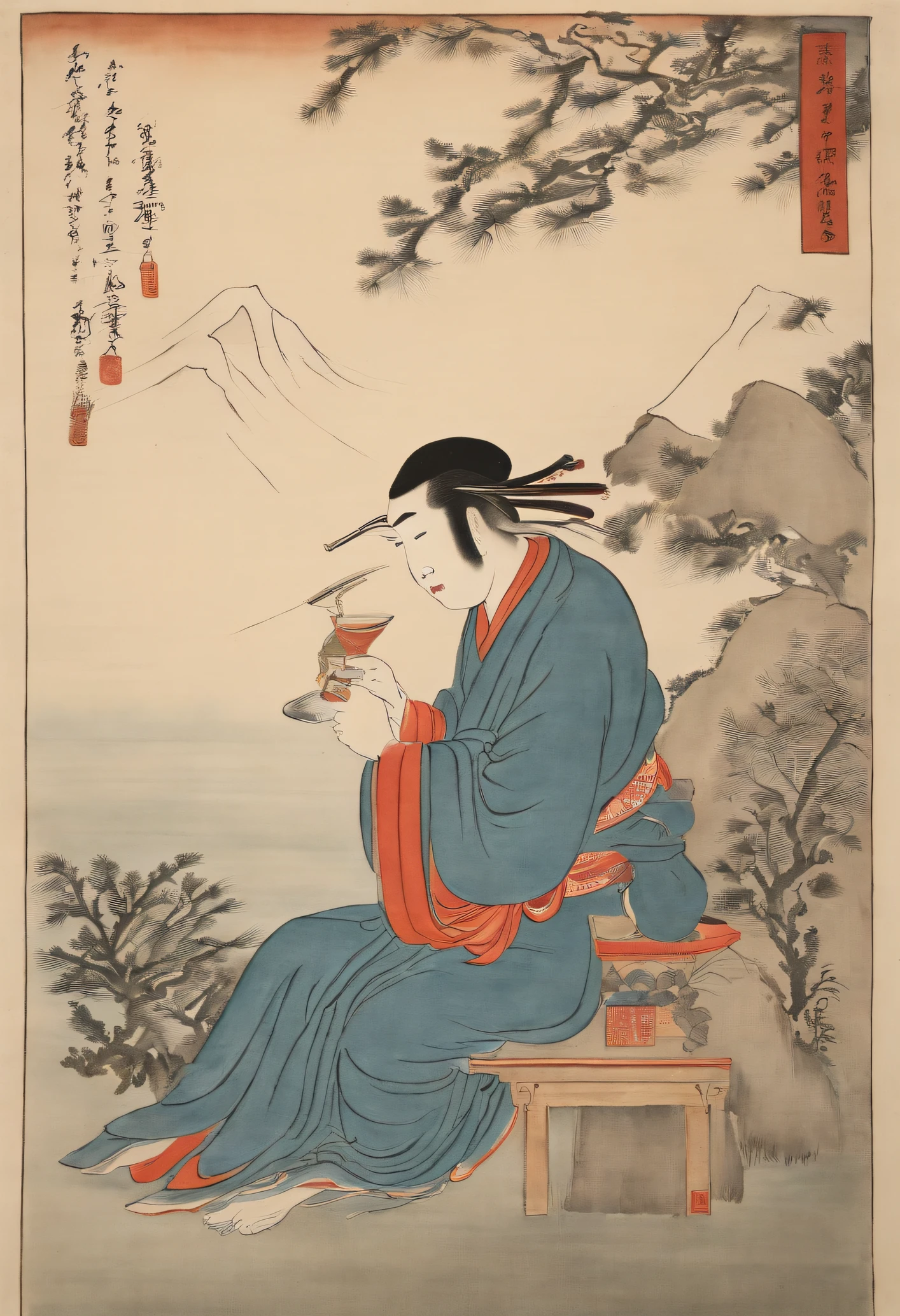 Best quality, Kitagawa Utaro's style, ukiyoe painting, Man who drinks
