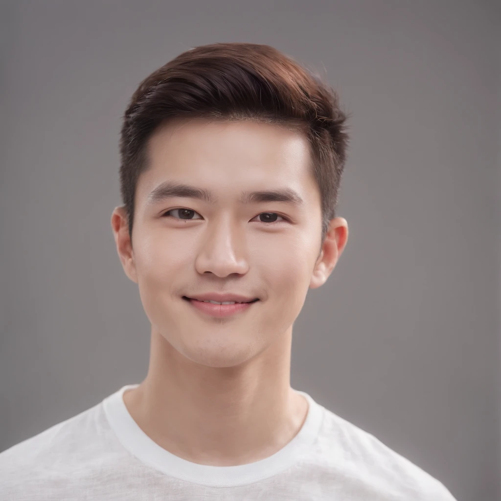 (photo: 1.3) af (realistic: 1.3), East Asian man, soft light, clear face, ((white T-shirt)), cheerful, warm light, ((gray-white gradient background)), smile, (background)). ((gray wall background)) avatar, (short hair), handsome, young,, short hair, ((close-up))