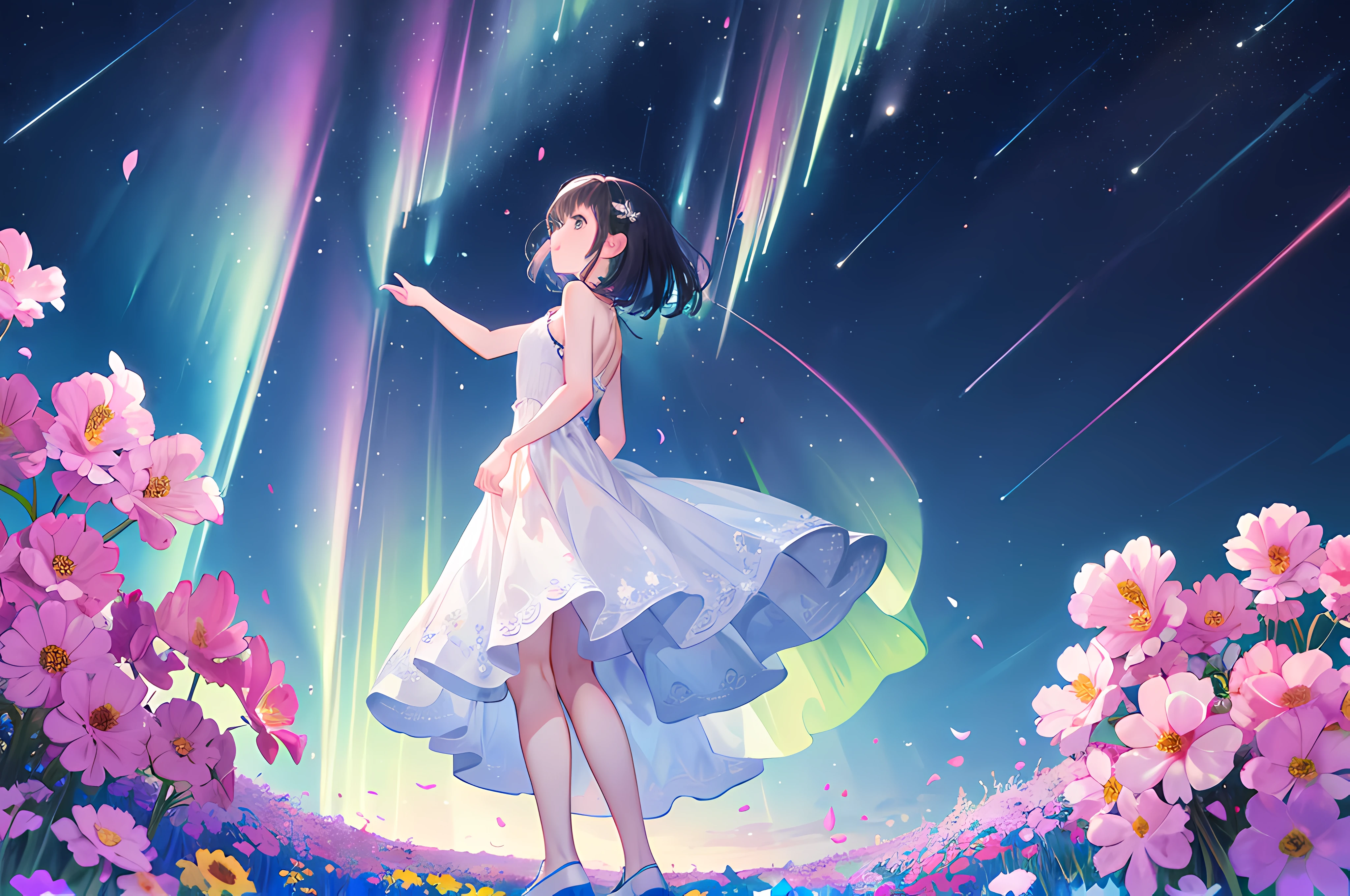 1girl, Masterpiece, best quality, ultra highres, extremely detailed CG, 8k wallpaper, full body, (god view:1.4), illustration, (back view), from behind, (look up at sky, from below, dynamic angle:1.2), brilliant aurora, galaxy, night sky, shooting star, sky, space, planet, starry background, (standing on plain filled with flowers:1.2), (Female wearing white dress),