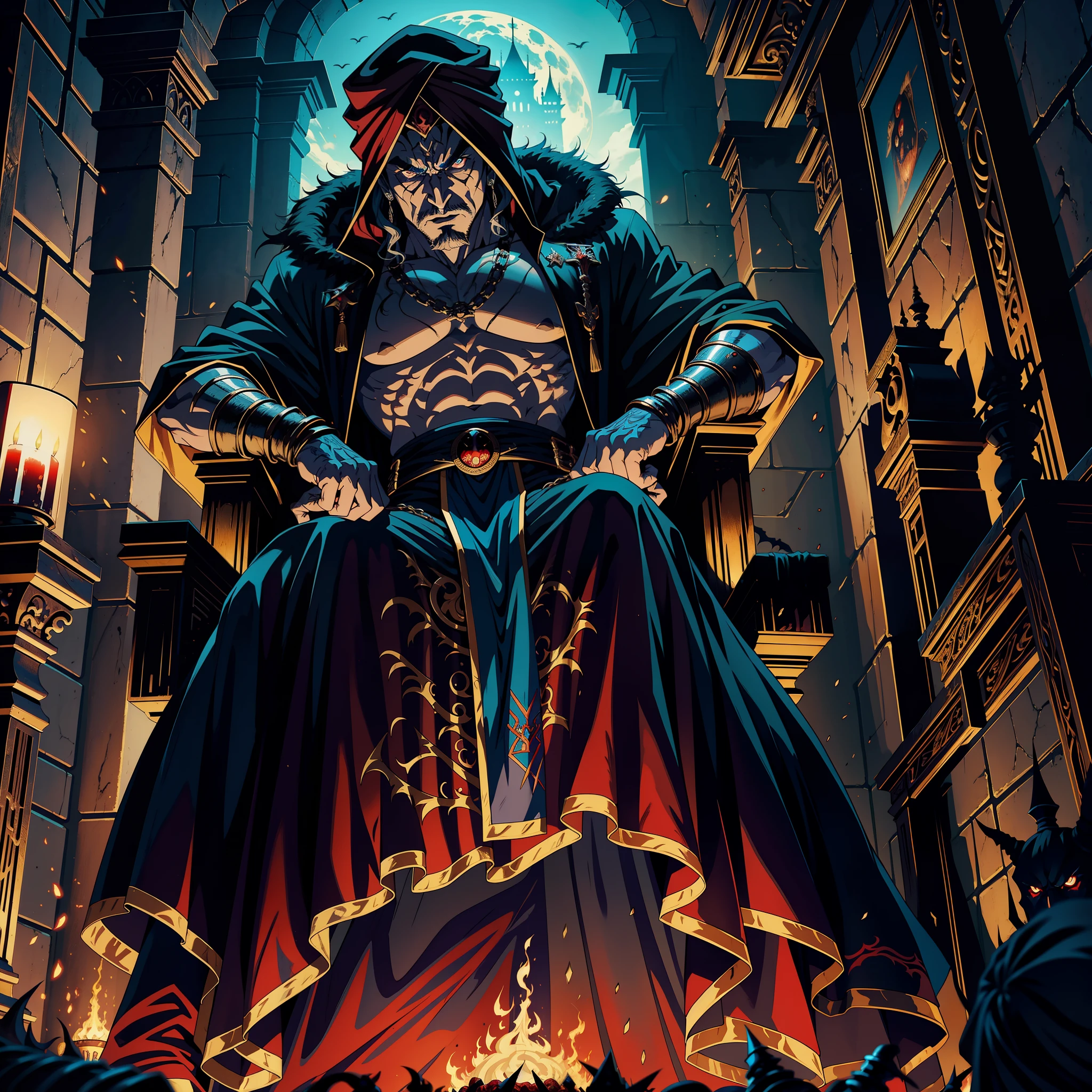 Castlevania Hyper Realistic Shadow Lord Super Detailed Dynamic Shot Master Piece of Lord Dracula Medieval Arab Warrior with Red Turban Scary Face Hokuto No Ken Structure Muscular Face Kenshiro sitting in his legendary Moroccan throne surrounded by demons and 3 scary demons Speaking of old rolls Cinematic Scenes Epic Movie Hyper Realistic Movie Legendary Movie Epic Movie Epic Movie Epic Movie Epic Movie Epic Movie Epic Epic Movie Epic Movie Epic Movie Epic Movie Epic Movie Enlarged 3D View Bottom Angle