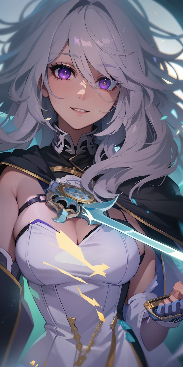 masterpiece, best quality, ultra-detailed, best shadow), (detailed background,dark fantasy), (beautiful detailed face), high contrast, (best illumination, an extremely delicate and beautiful), ((cinematic light)), colorful, hyper detail, dramatic light, intricate details, (1girl, solo,white hair, sharp face,purple eyes, hair between eyes,dynamic angle), swirling black light around the character, depth of field,black light particles,(broken glass), full body, holding magical sword, woman, happy, smile, look in front, tall, wearing boots, attractive, detailed clothing, woman, adult, sexy, laughing, adorable looking, full body, cloak, smile warmly, adult, women, holding out her hands, holding out one of her hand to viewer