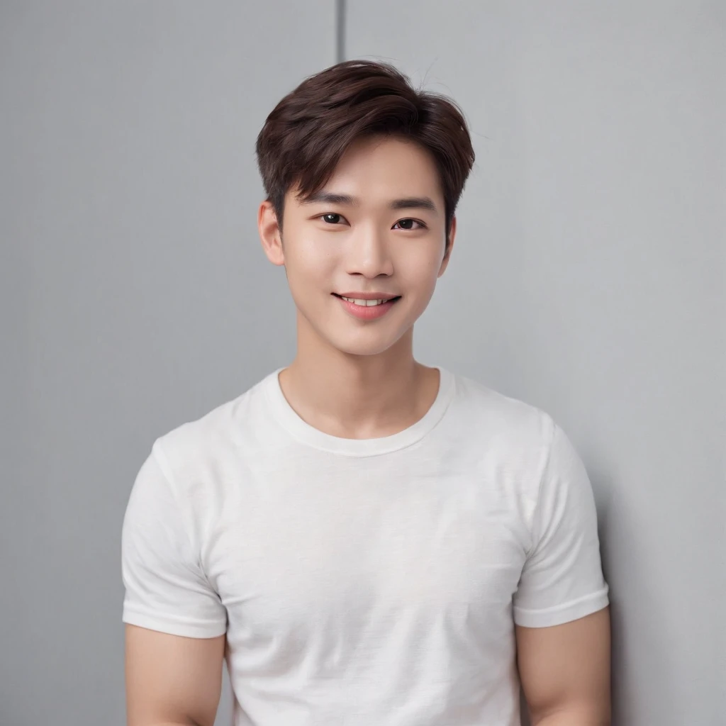 (Photo: 1.3) af (realistic: 1.3), East Asian man, soft light, clear face, front, ((white T-shirt)), cheerful, warm light, ((gray-white gradient background)), smile, (background)) . ((grey wall background)) avatar, (short hair), handsome, young,, short hair, ((bust))