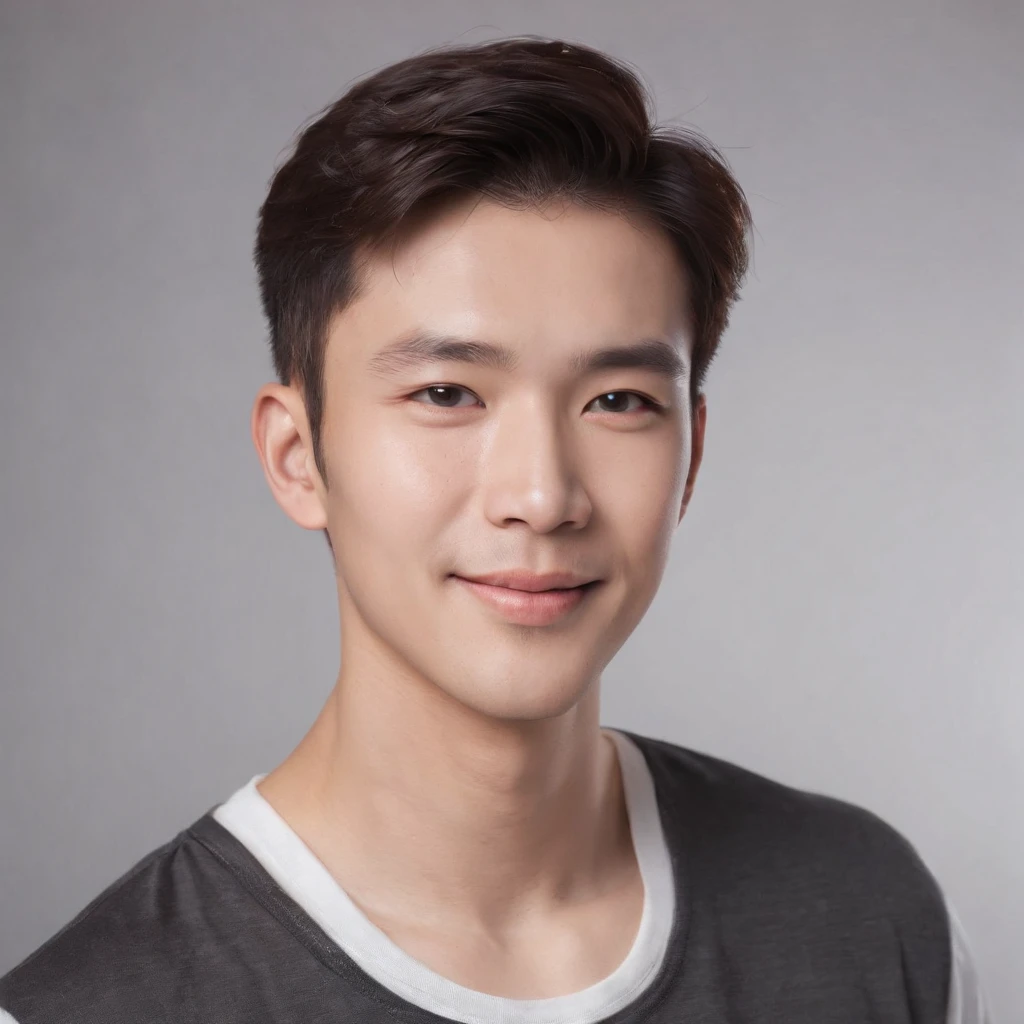 (Photo: 1.3) af (realistic: 1.3), East Asian man, soft light, clear face, front, ((white T-shirt)), cheerful, warm light, ((gray-white gradient background)), smile, (background)) . ((grey wall background)) avatar, (short hair), handsome, young,, short hair, ((bust))