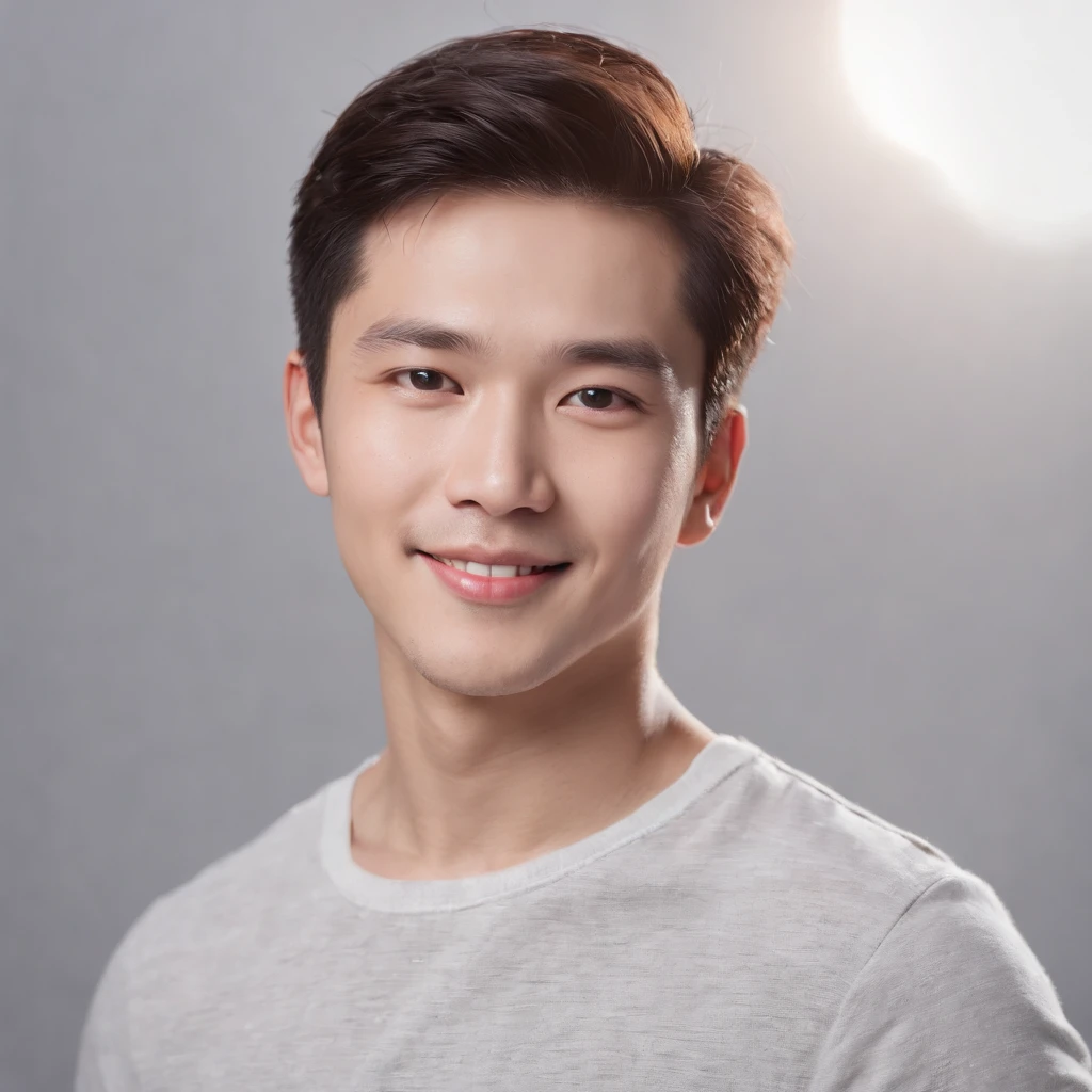 (Photo: 1.3) af (realistic: 1.3), East Asian man, soft light, clear face, front, ((white T-shirt)), cheerful, warm light, ((gray-white gradient background)), smile, (background)) . ((grey wall background)) avatar, (short hair), handsome, young,, short hair, ((bust))