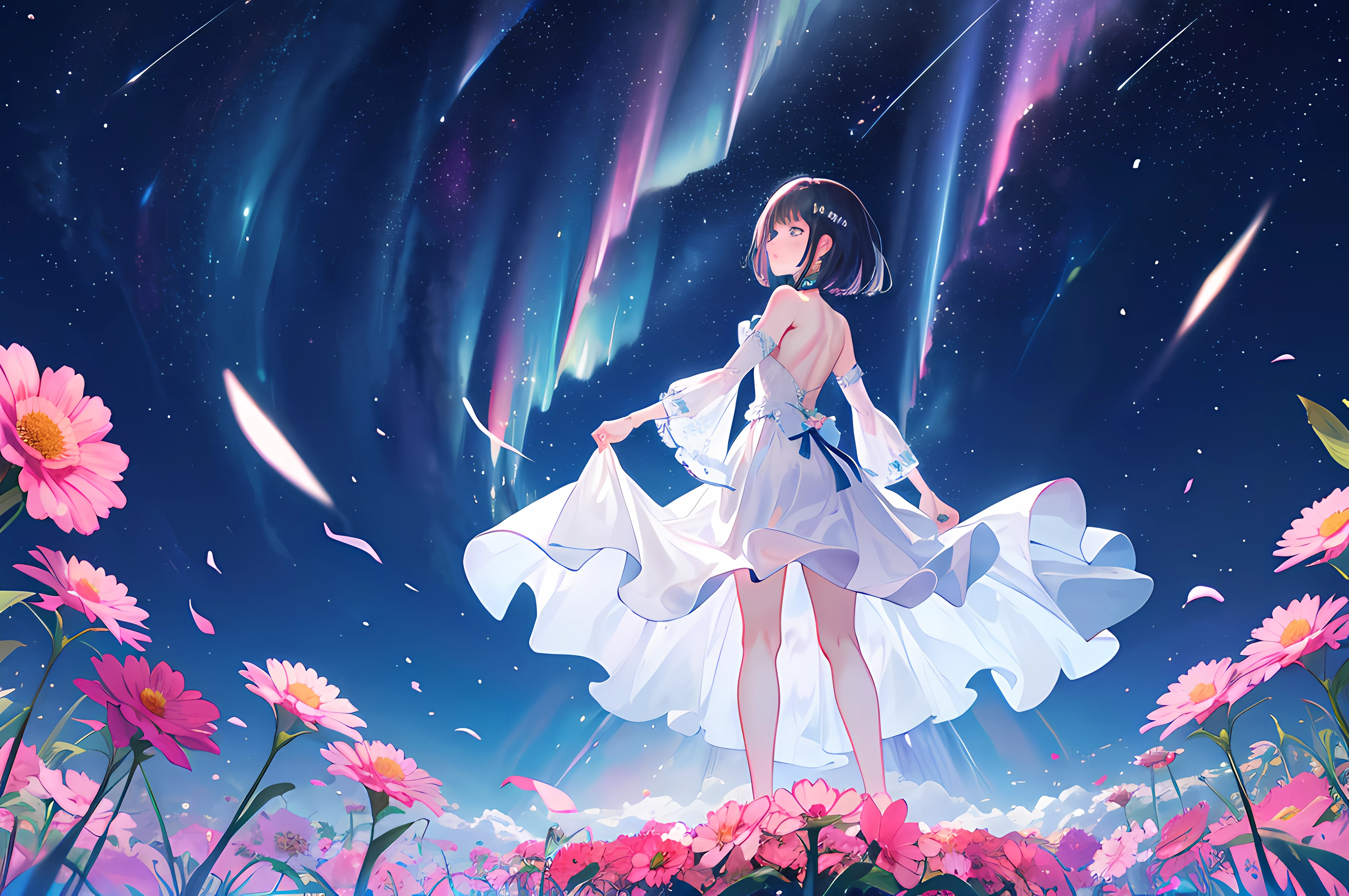 1girl, Masterpiece, best quality, ultra highres, extremely detailed CG, 8k wallpaper, full body, (god view:1.4), illustration, (back view), from behind, (look up at sky, from below, dynamic angle:1.2), aurora, galaxy, night sky, shooting star, sky, space, planet, starry background, (standing on plain filled with flowers:1.2), (Female wearing white dress),
