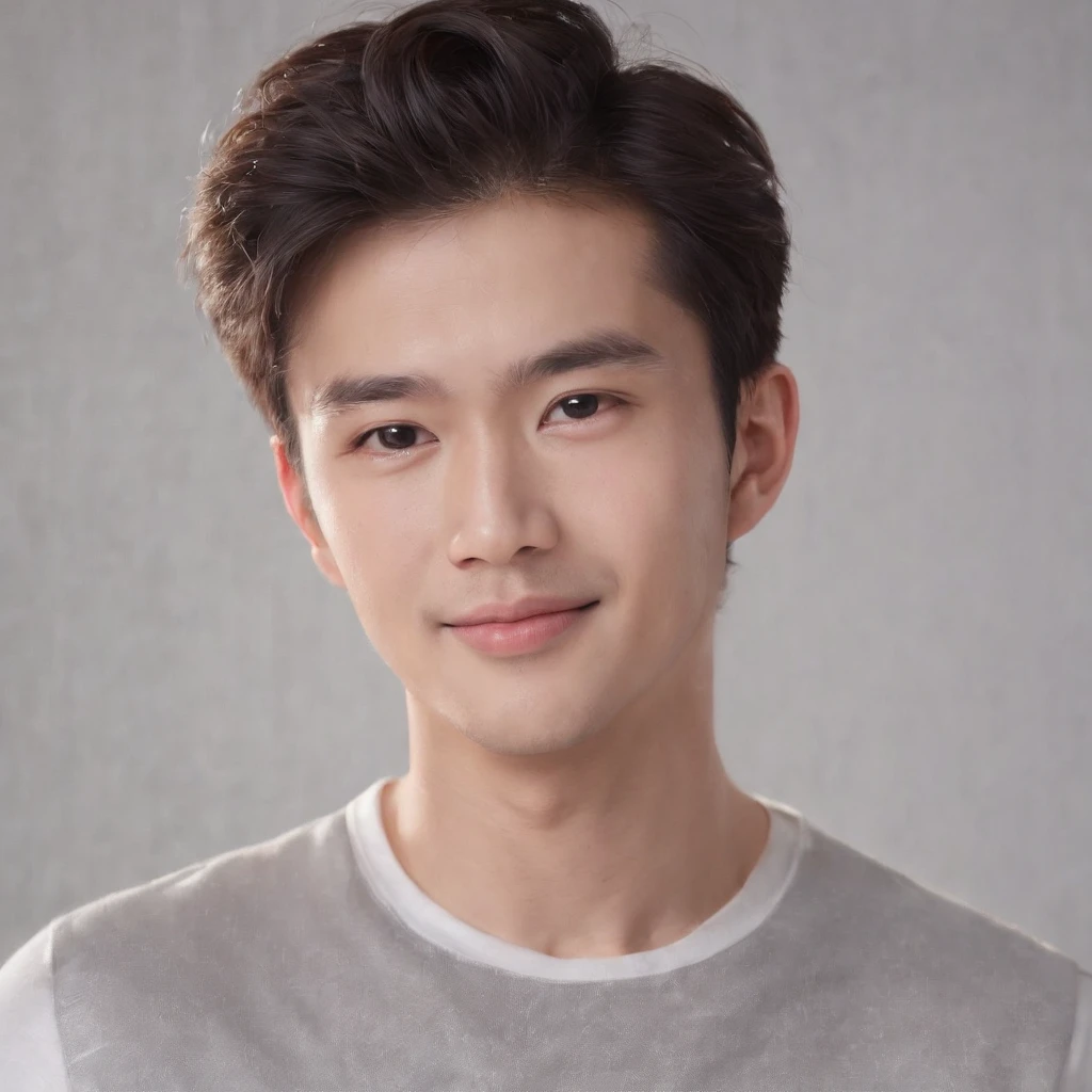 (Photo: 1.3) af (realistic: 1.3), East Asian man, soft light, clear face, front, ((white T-shirt)), cheerful, warm light, ((gray-white gradient background)), smile, (background)) . ((grey wall background)) avatar, (short hair), handsome, young,, short hair, ((bust))