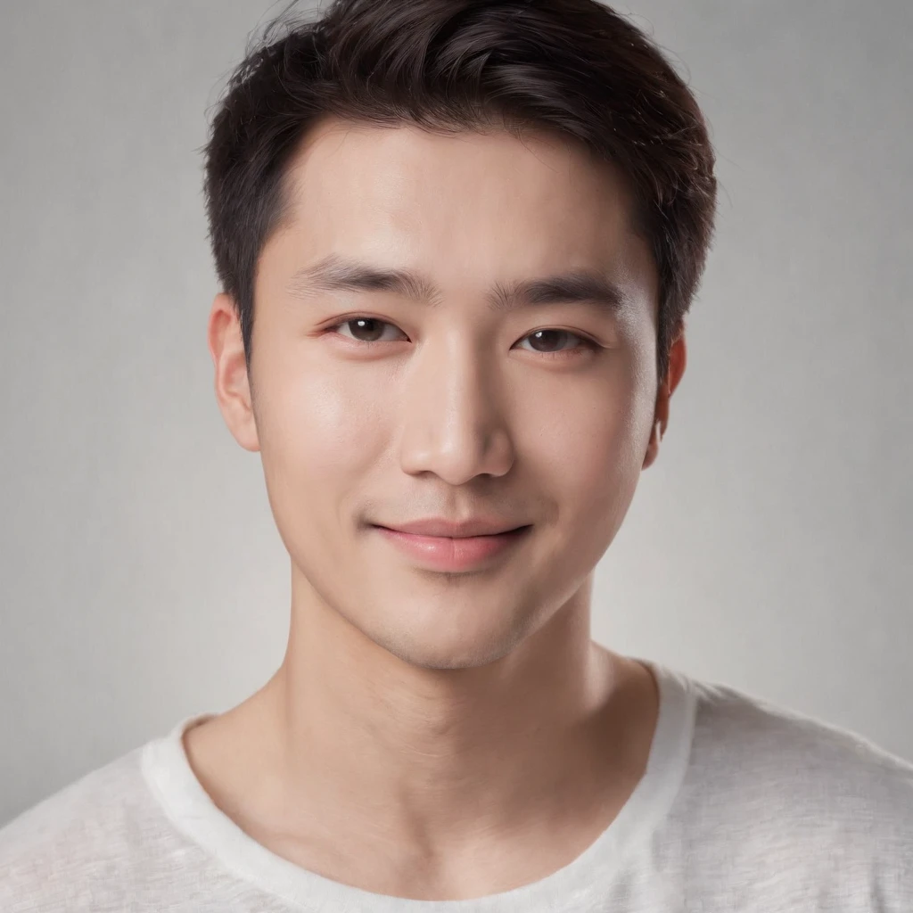 (Photo: 1.3) af (realistic: 1.3), East Asian man, soft light, clear face, front, ((white T-shirt)), cheerful, warm light, ((gray-white gradient background)), smile, (background)) . ((grey wall background)) avatar, (short hair), handsome, young,, short hair, ((bust))