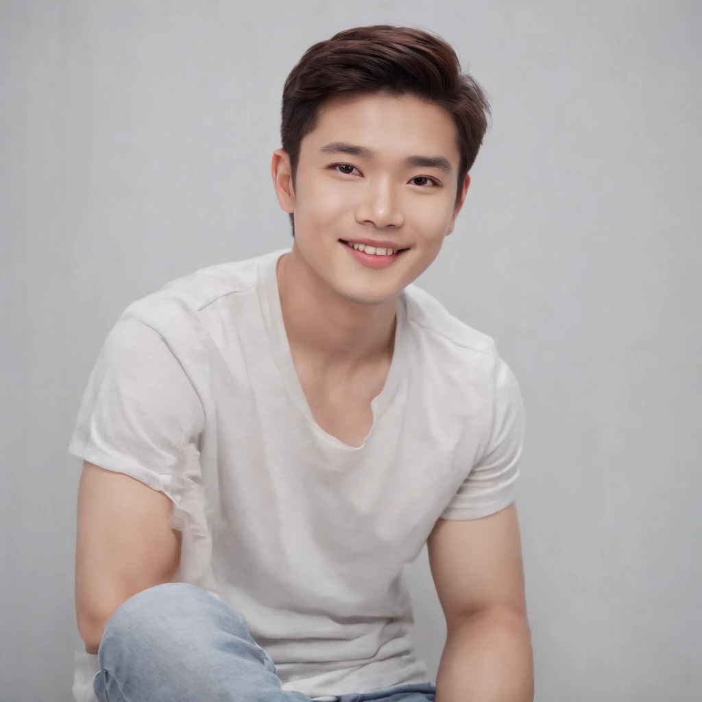 (Photo: 1.3) af (realistic: 1.3), East Asian man, soft light, clear face, front, ((white T-shirt)), cheerful, warm light, ((gray-white gradient background)), smile, (background)) . ((grey wall background)) avatar, (short hair), handsome, young,, short hair, ((bust))