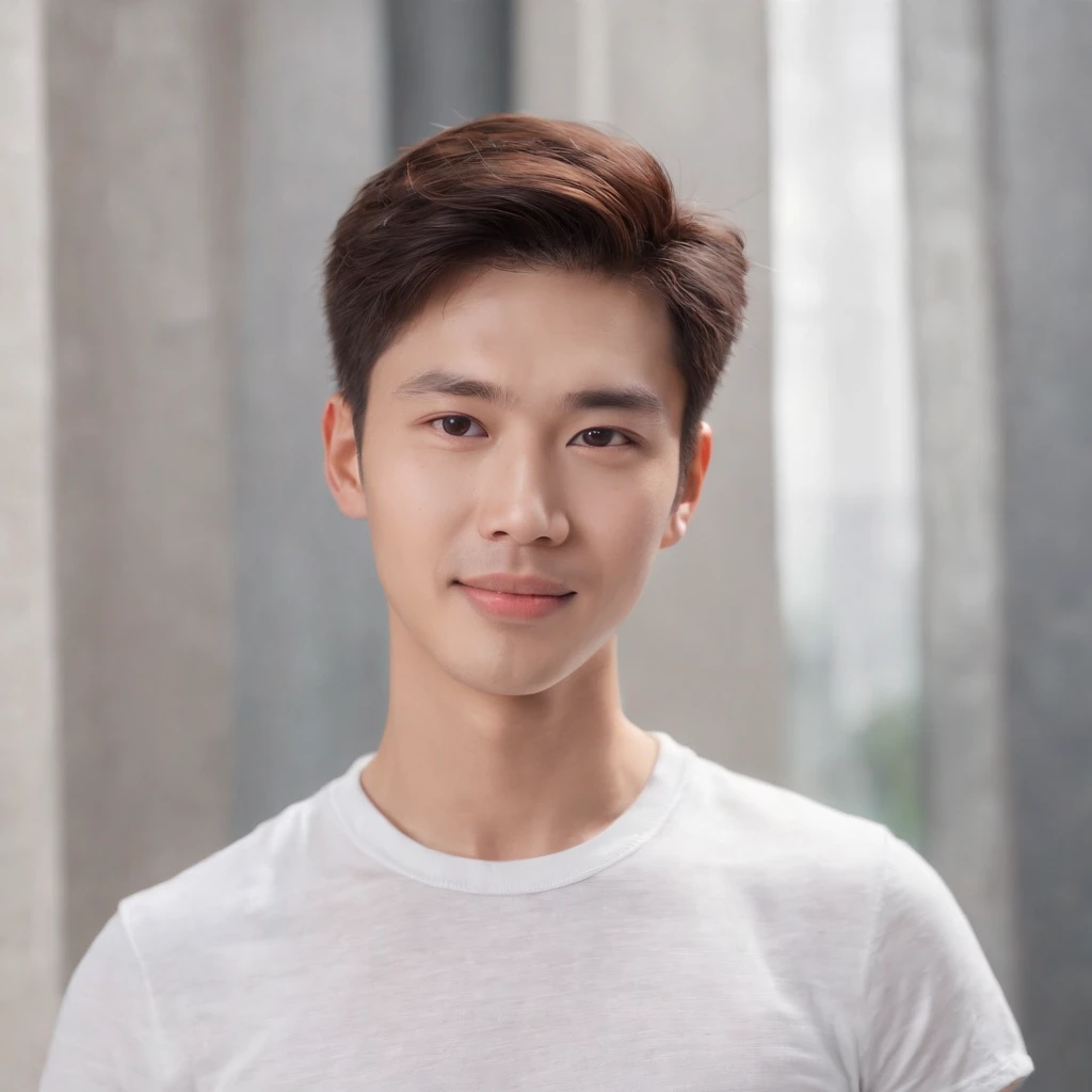(Photo: 1.3) af (realistic: 1.3), East Asian man, soft light, clear face, front, ((white T-shirt)), cheerful, warm light, ((gray-white gradient background)), smile, (background)) . ((grey wall background)) avatar, (short hair), handsome, young,, short hair, ((bust))