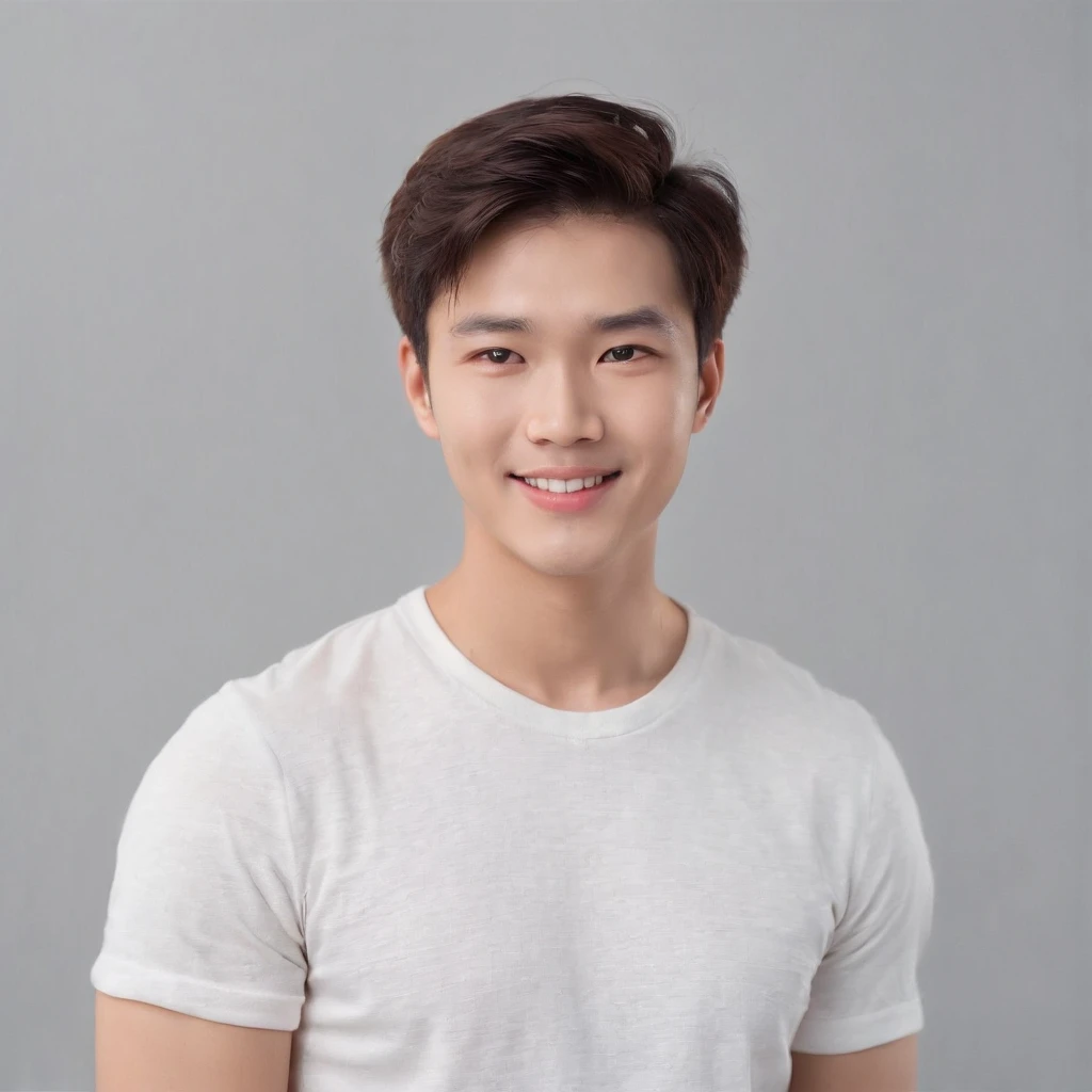 (Photo: 1.3) af (realistic: 1.3), East Asian man, soft light, clear face, front, ((white T-shirt)), cheerful, warm light, ((gray-white gradient background)), smile, (background)) . ((grey wall background)) avatar, (short hair), handsome, young,, short hair, ((bust))