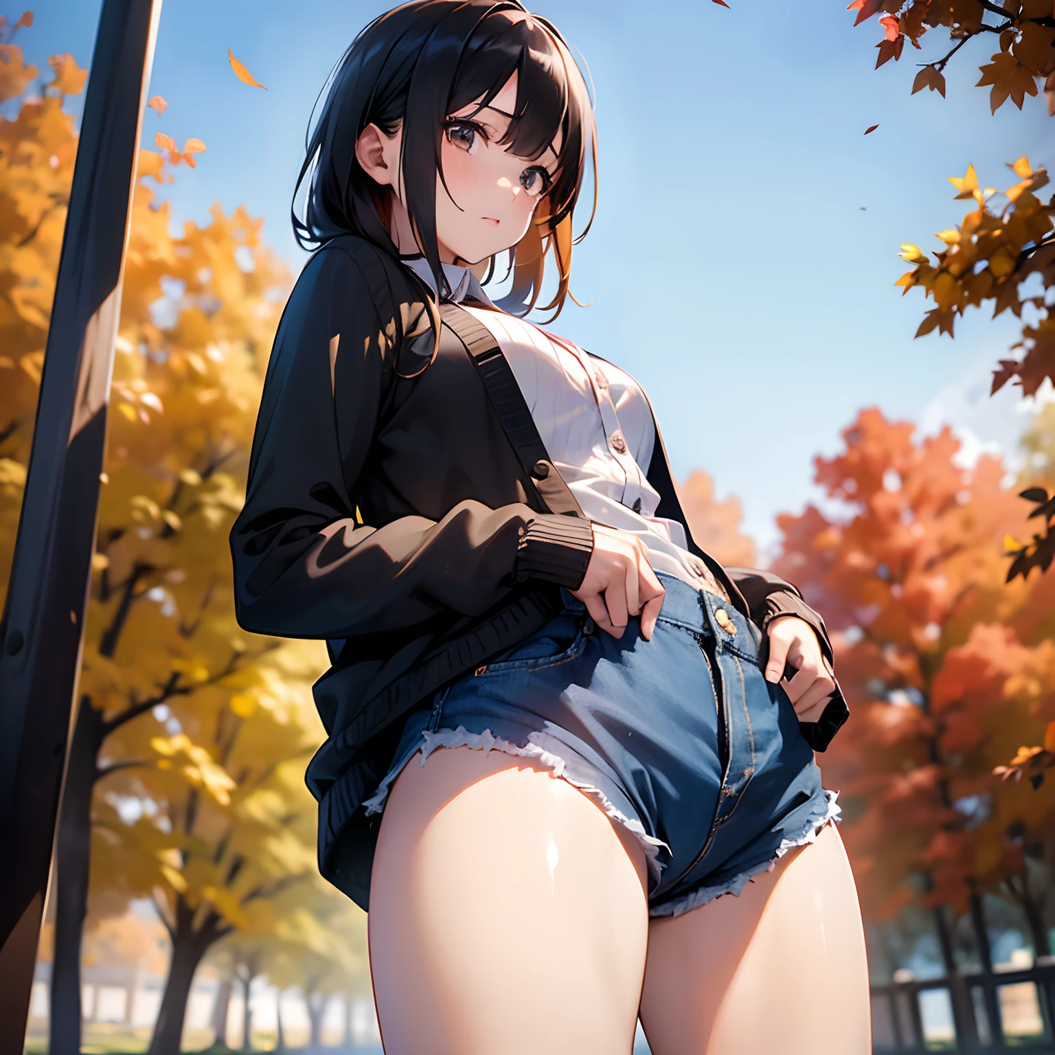 (in 8K, Raw photo, Best Quality, masutepiece:1.2), (Realistic, Photorealsitic:1.37), Best Quality, 超A high resolution,1girl,Natural lighting,autumnal,Colored leaves,mont,Heap of fallen leaves,grid,a beauty girl,From behind,ass focus,put on clothes,cardigan,shortpants,1man, {{{man put hands on girl’s crotch}}}