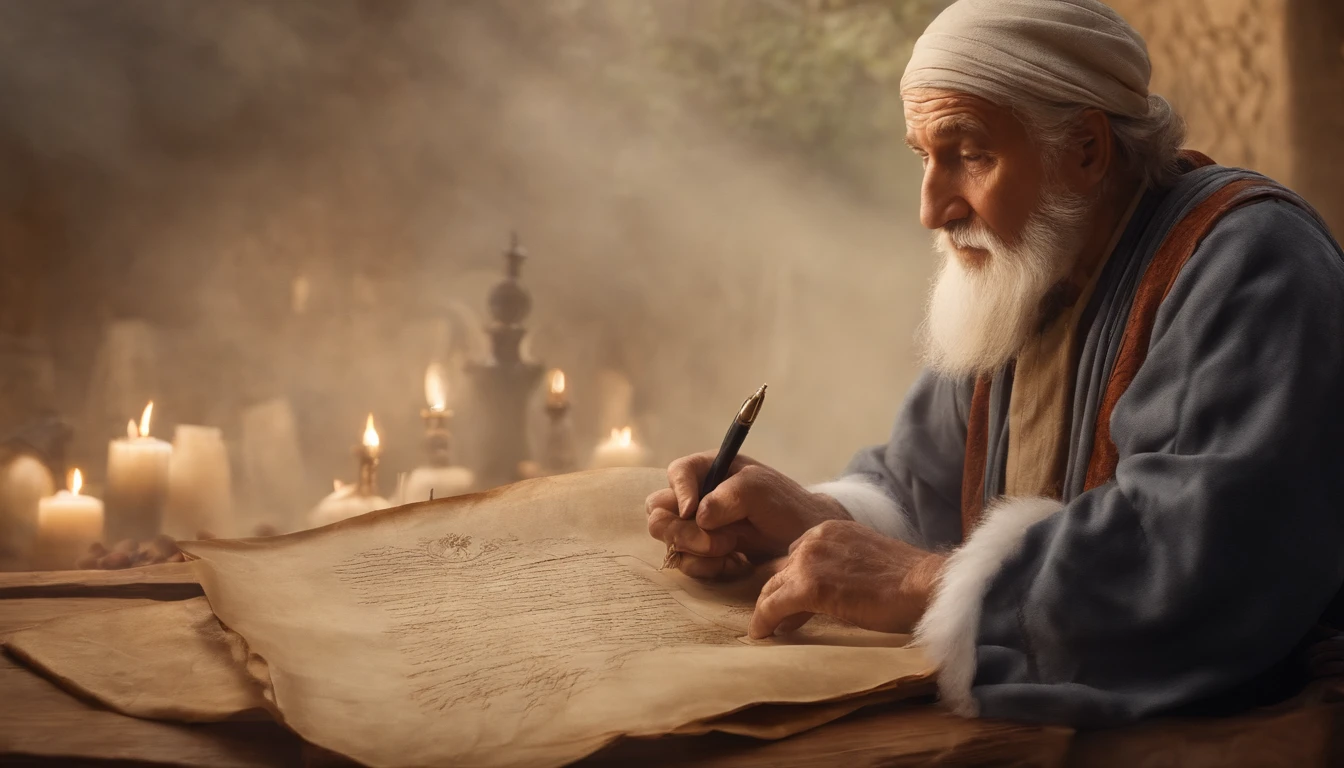 An old man full of confidence writes on parchment，Pay attention to hand details