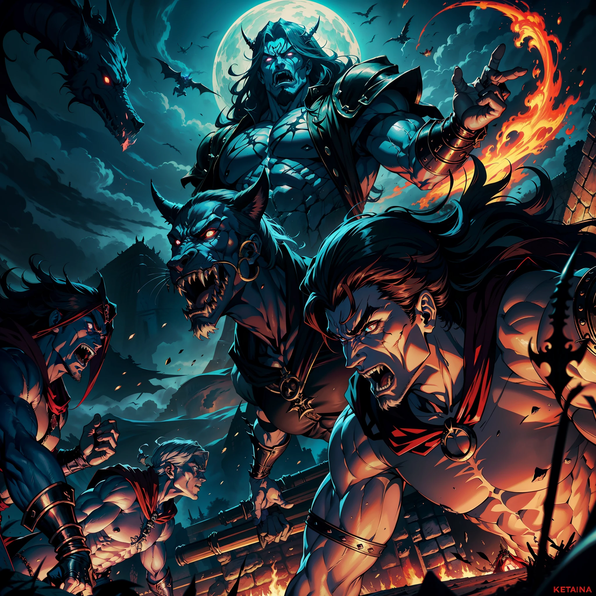 Castlevania Hyper Realistic Shadow Lord Super Detailed Dynamic Shot Master Piece of Lord Dracula Medieval Arab Warrior with Red Turban Scary Face Hokuto No Ken Structure Muscular Face Kenshiro in the Desert Thunder Storm Legendary Moroccan epic battle surrounded by demons and 3 scary demons Speaking of old rolls Cinematic Scenes Epic Movie Hyper Realistic Movie Legendary Movie Epic Movie Epic Movie Epic Movie Epic Movie Enlarged Movie 3D View Lower Angle
