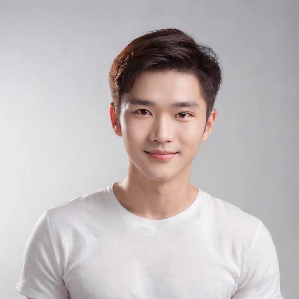 (Photo: 1.3) af (realistic: 1.3), East Asian man, soft light, clear face, front, ((white T-shirt)), cheerful, warm light, ((gray-white gradient background)), smile, (background)) ,avatar,(short hair),handsome,young,,short hair,((bust))