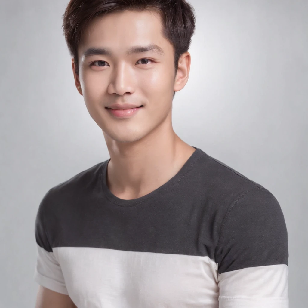 (Photo: 1.3) af (realistic: 1.3), East Asian man, soft light, clear face, front, ((white T-shirt)), cheerful, warm light, ((gray-white gradient background)), smile, (background)) ,avatar,(short hair),handsome,young,,short hair,((bust))