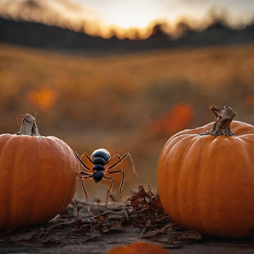 An ant lying on a Halloween pumpkin,in a panoramic view,(tmasterpiece,best qualityer:1.2),very delicate beautiful,the best lights,The best shadow,Render the background, stylized 3d render,Beautiful scenery, Autumn, Red maples fly, Long lens tracking photography