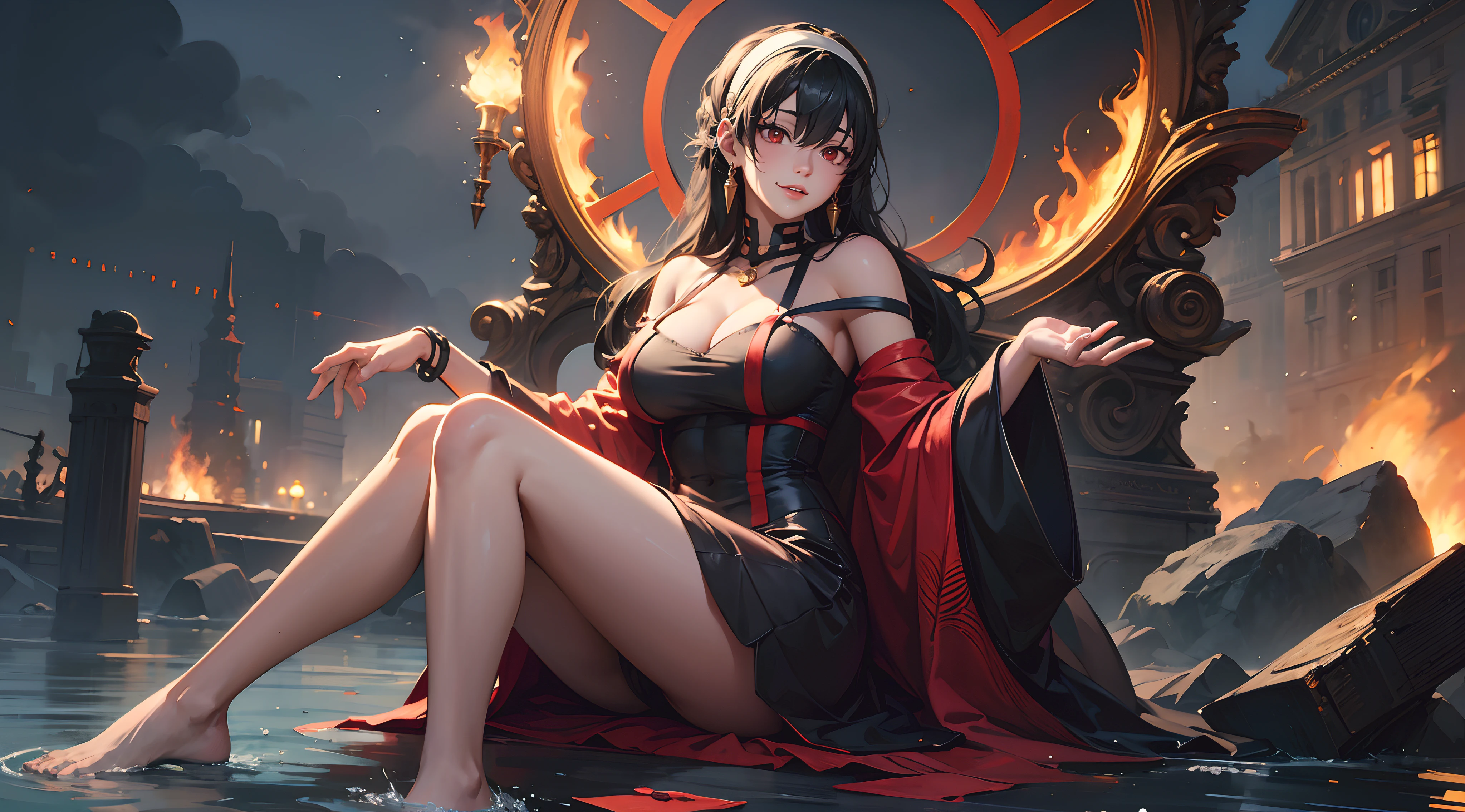 bbyorf, short hair with long locks, white hairband, red eyes, gold earrings, fire, 1girl, breasts, sitting, barefoot, cleavage, mole, anklet, large_breasts, bracelet, water, bare_shoulders, looking_at_viewer, detached_sleeves, sky, wide_sleeves, dress, cloud, feet, makeup, crossed_legs, ribbon, earrings, lips, burning, solo, black_dress, mole_under_mouth, outdoors, flame, magic, thighs, mole_on_breast, legs, glow effects, godrays, Hand drawn, render, 8k, octane render, cinema 4d, blender, dark, atmospheric 4k ultra detailed, cinematic, Sharp focus, big depth of field, Masterpiece, colors, 3d octane render, 4k, concept art, trending on artstation, hyperrealistic, Vivid colors, extremely detailed CG unity 8k wallpaper, trending on CGSociety, Intricate, High Detail, dramatic,