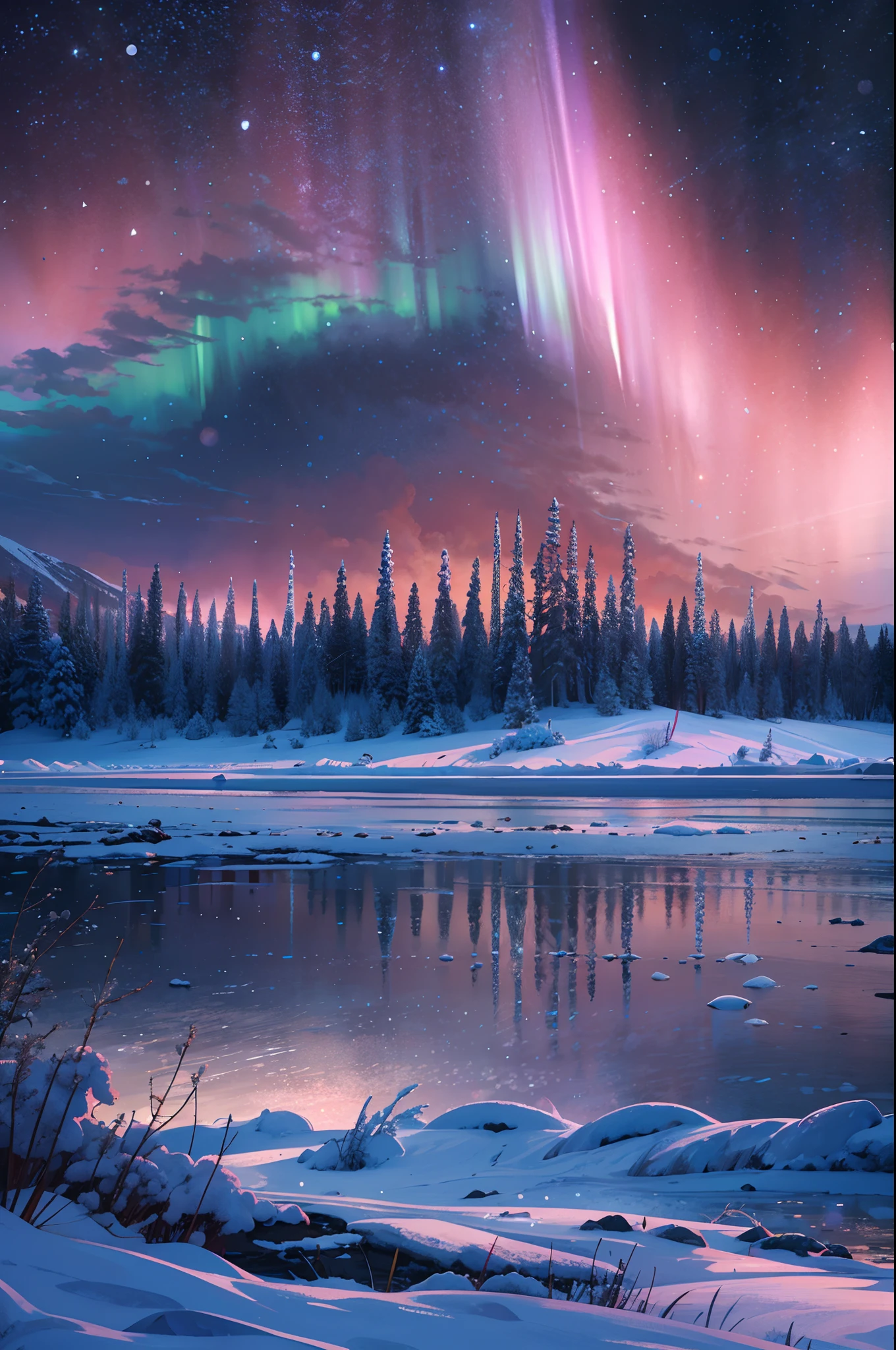 (best quality,4k,8k,highres,masterpiece:1.2),ultra-detailed,(realistic,photorealistic,photo-realistic:1.37),vibrant colors,ethereal,aurora borealis,night sky,northern lights,reflective water,tranquil atmosphere,winter wonderland,sparkling stars,jewel-toned sky,dancing lights,magical,sublime,luminous,glowing horizon,frozen landscape,snow-covered trees,black silhouettes,enchanting,glimmering,awe-inspiring,serene,starry night,majestic,cosmic,peaceful,icy mountains,moonlit glow,pristine,euphoric.