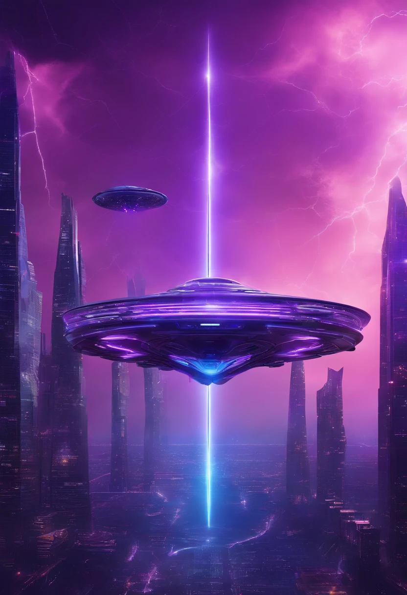 Futuristic alien spaceships flying abovethe clouds, dark sky, purple lighting, rain,lightning, hyper realistic, highly detailed,8k