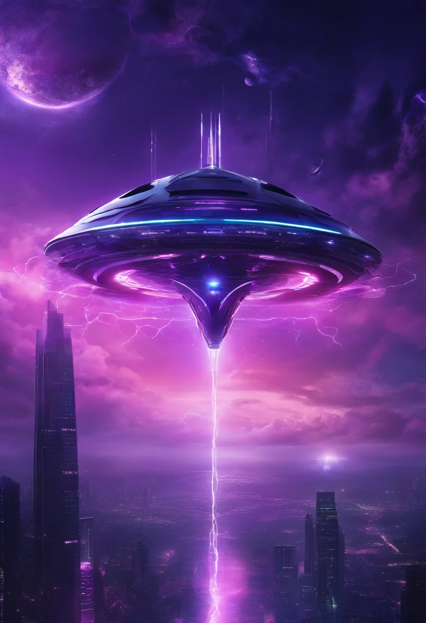 Futuristic alien spaceships flying abovethe clouds, dark sky, purple lighting, rain,lightning, hyper realistic, highly detailed,8k