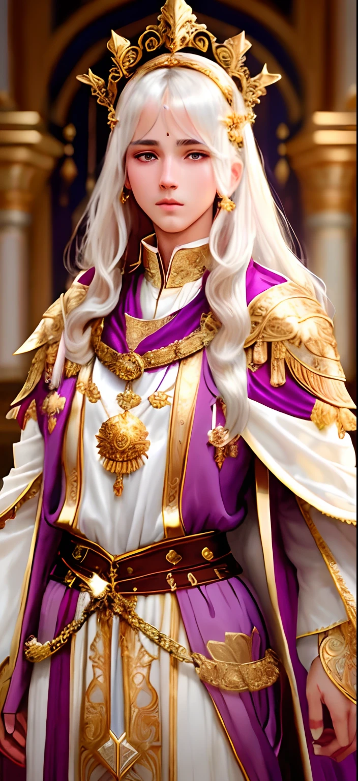 a close up of a person wearing a purple outfit and a gold chain, wearing gilded ribes, ornate flowing robes, ornate robes, wearing shiny breastplate, golden-white robes, intricate fantasy robes, ornate attire, ornate flowing robe, ornate flowing silvered robes, white and gold priestess robes, ornate clothing, ornate royal robes, wearing an ornate outfit