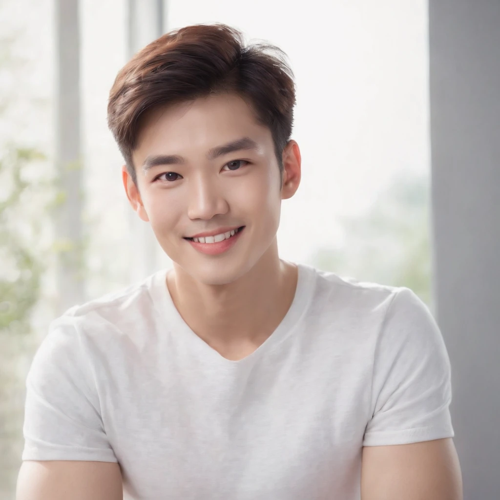 (Photo: 1.3) af (realistic: 1.3), East Asian man, soft light, clear face, front, ((white T-shirt)), cheerful, warm light, ((gray-white gradient background)), smile, (background)) ,avatar,(short hair),handsome,young,,short hair,((avatar))
